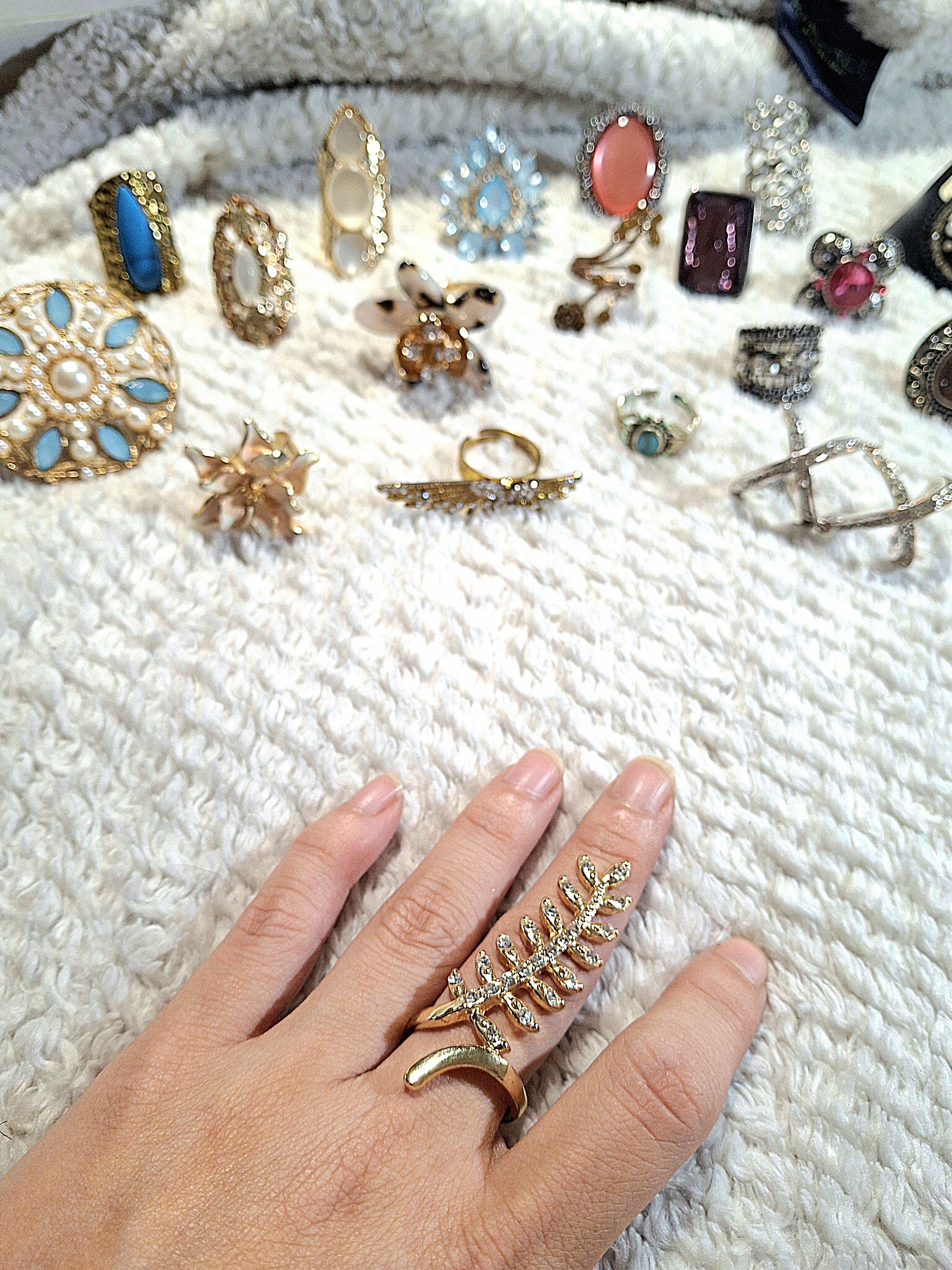 Image 4 for Vintage Gold Leaf Statement Ring with Crystals - Elegant Jewelry