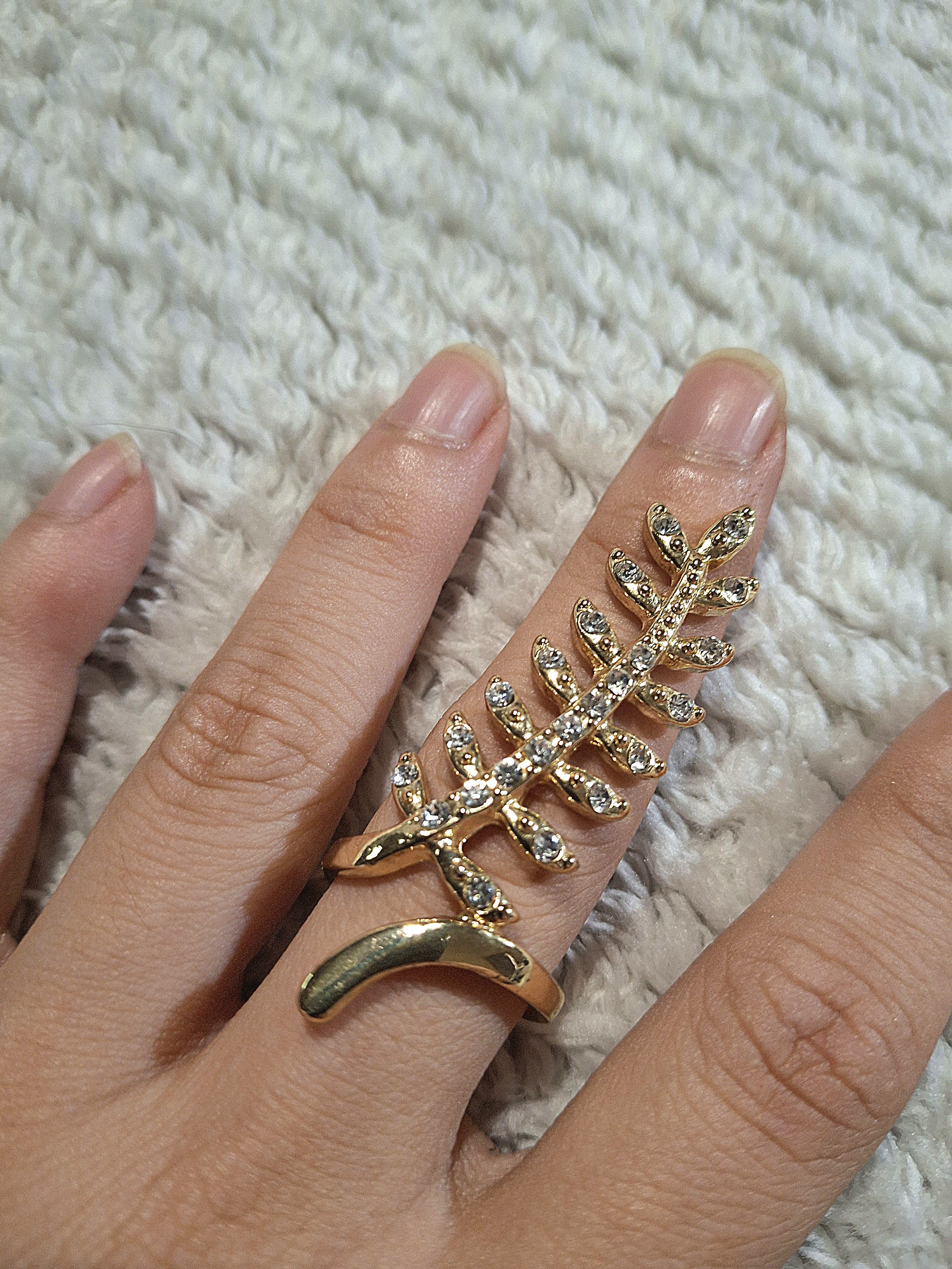 Vintage Gold Leaf Statement Ring with Crystals - Elegant Jewelry