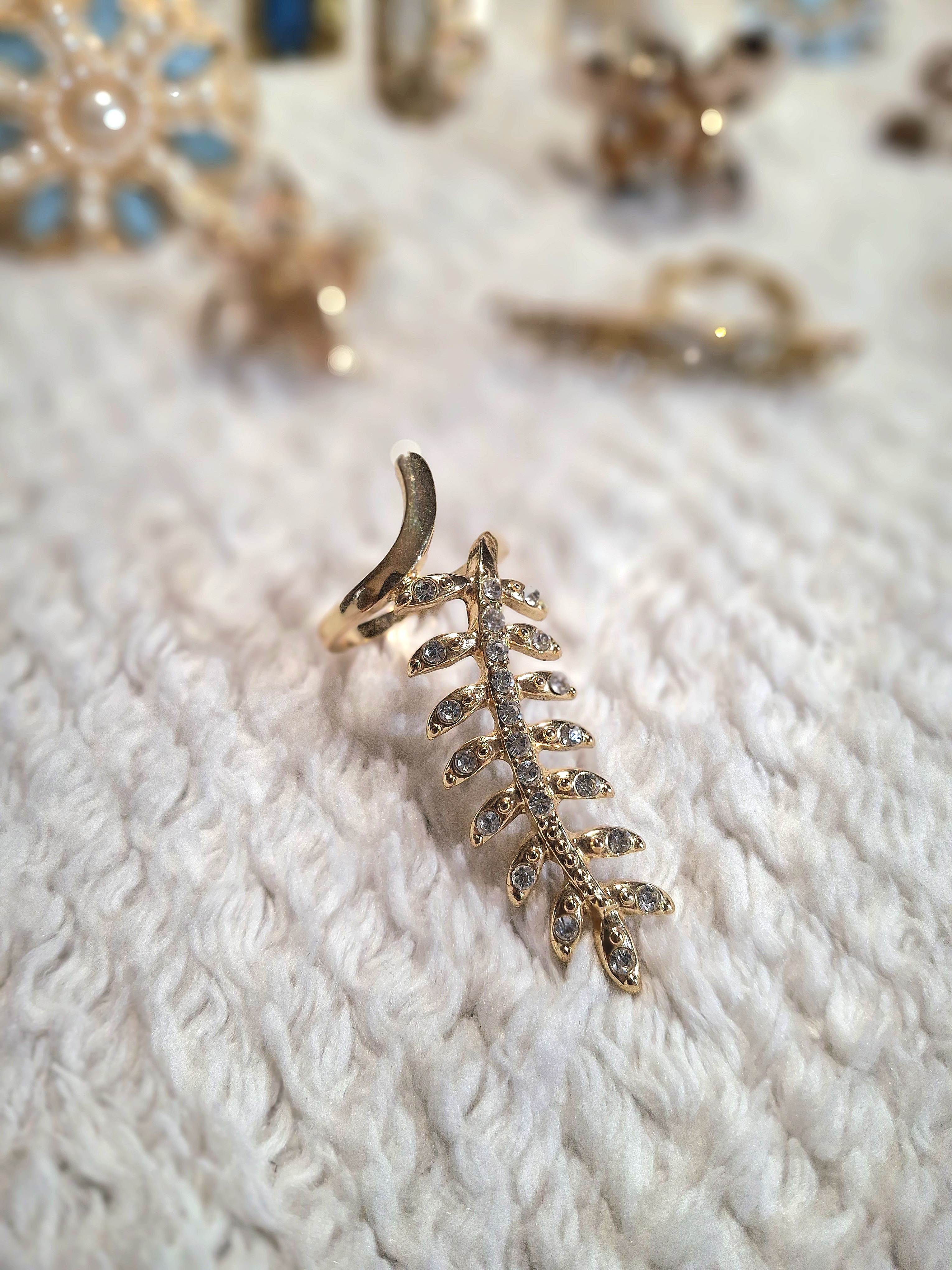 Image 3 for Vintage Gold Leaf Statement Ring with Crystals - Elegant Jewelry