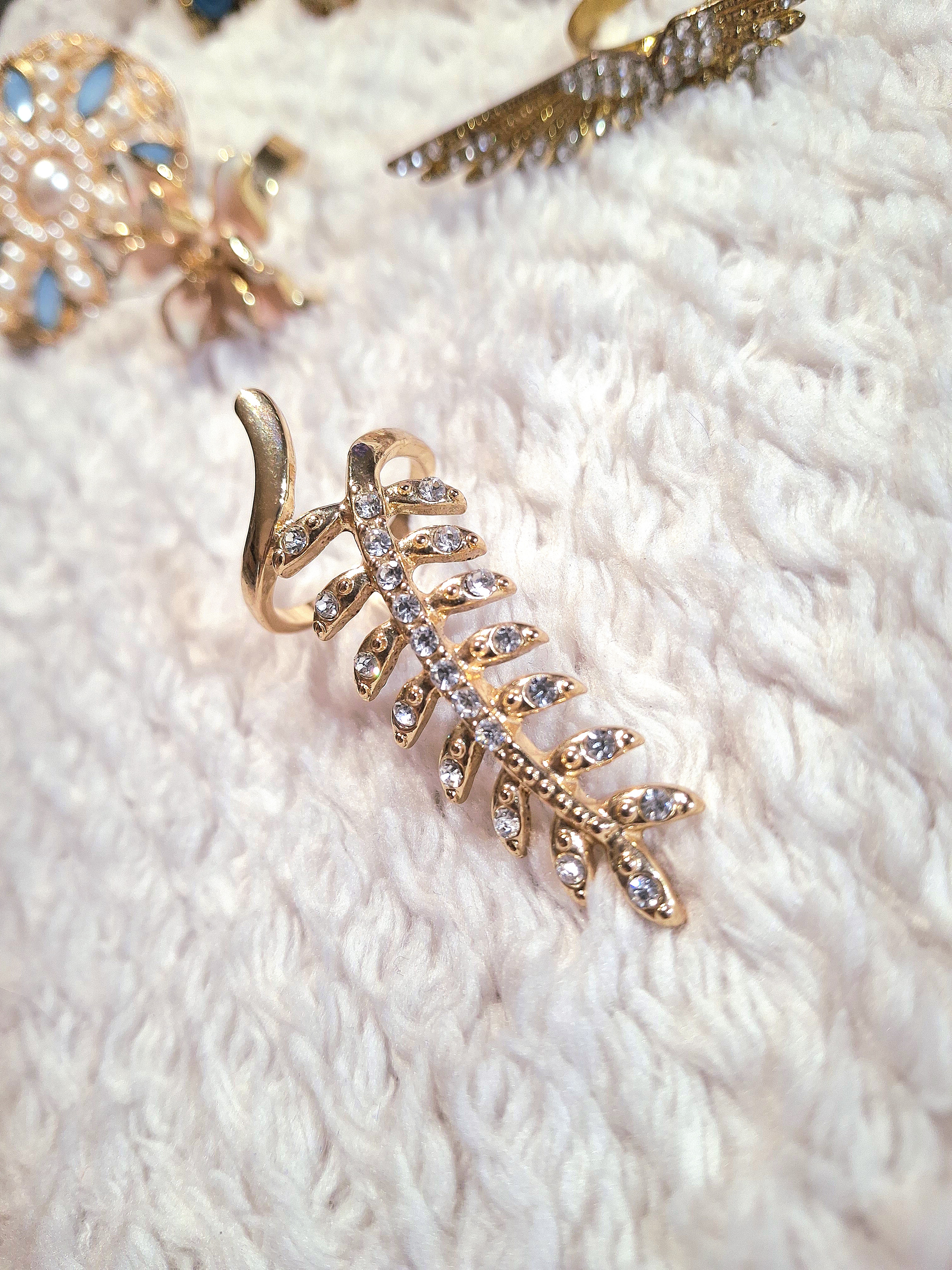 Image 2 for Vintage Gold Leaf Statement Ring with Crystals - Elegant Jewelry