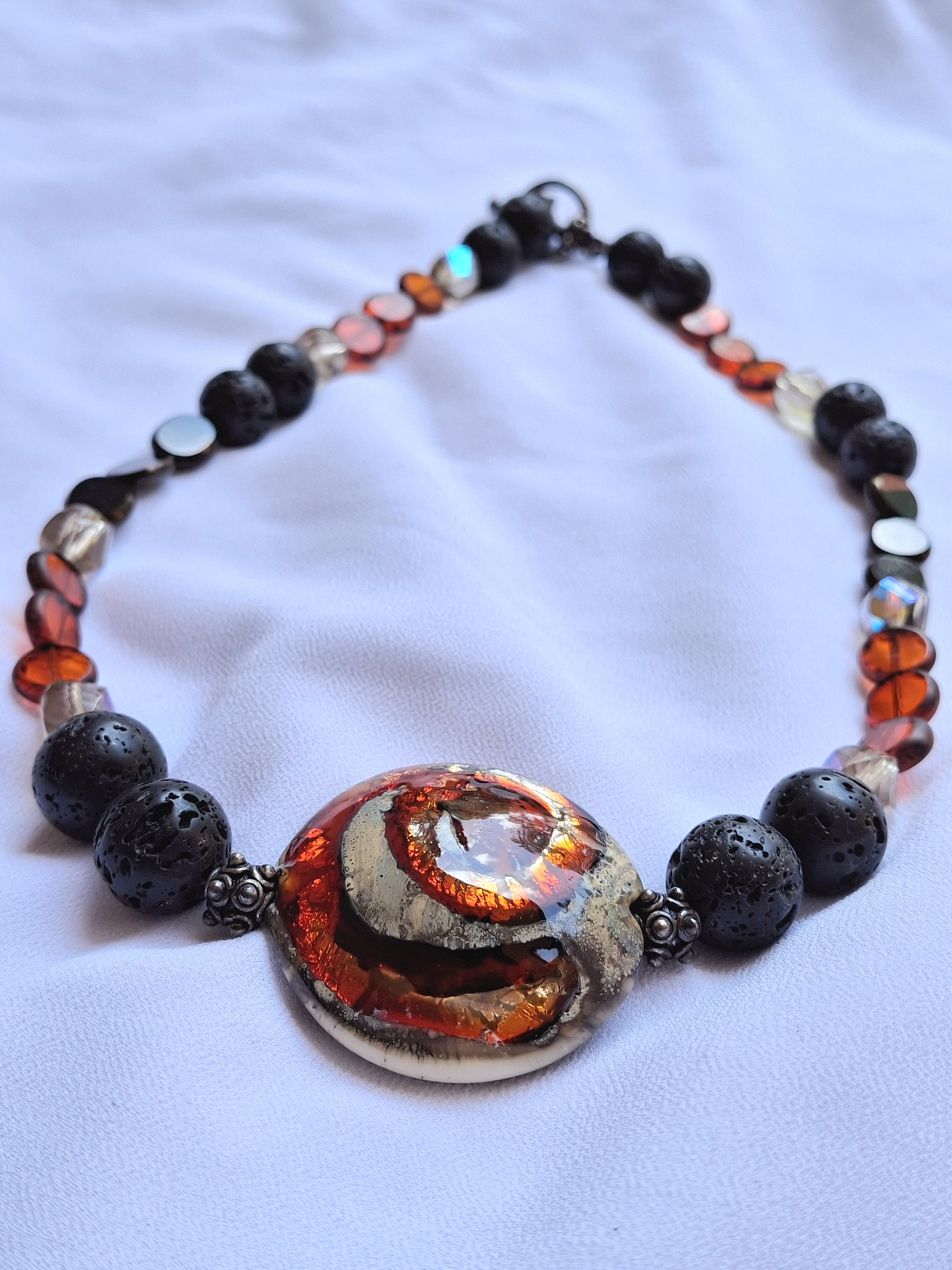 Vintage Handcrafted Lava Stone & Glass Bead Necklace