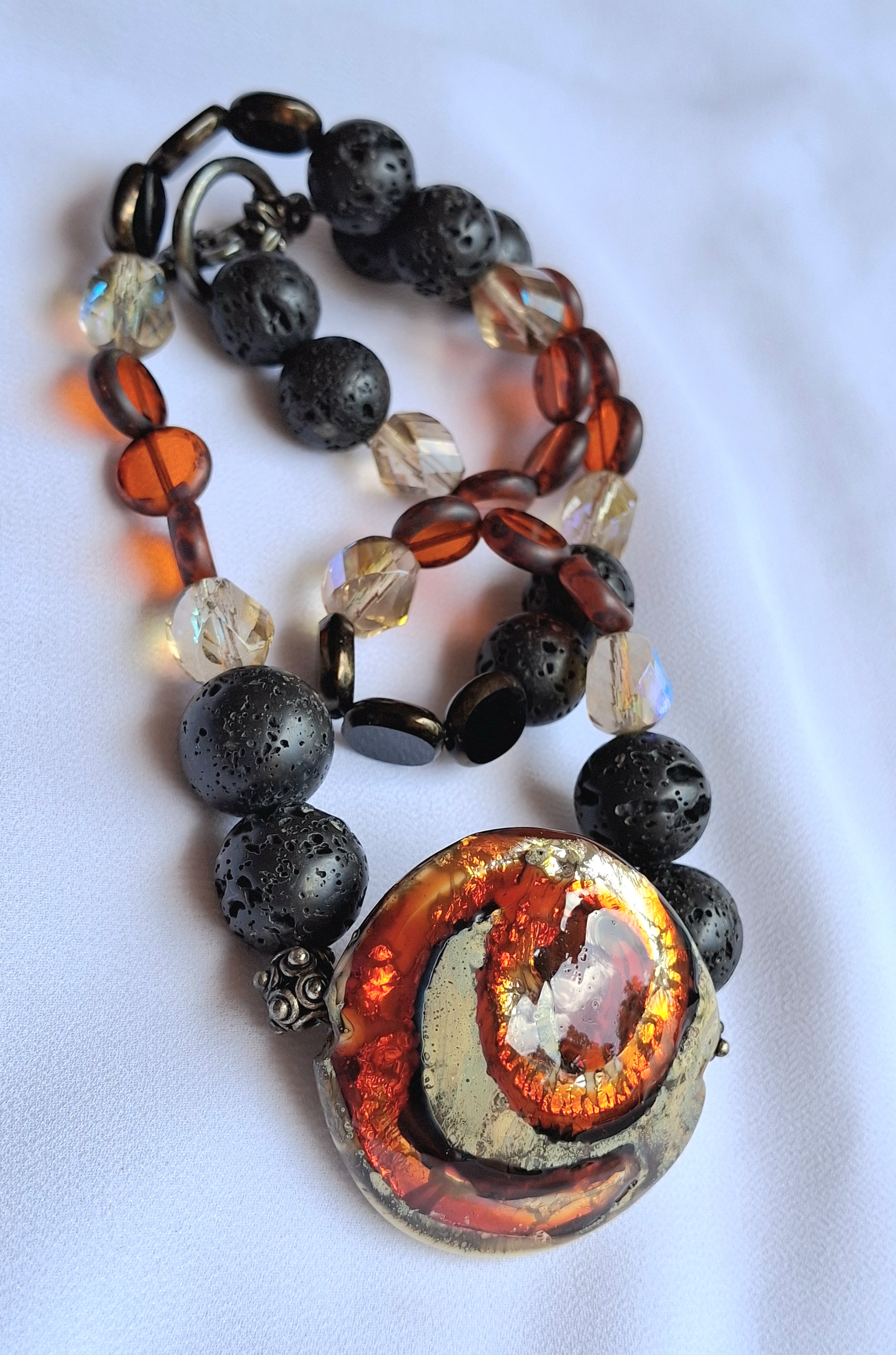 Image 2 for Vintage Handcrafted Lava Stone & Glass Bead Necklace