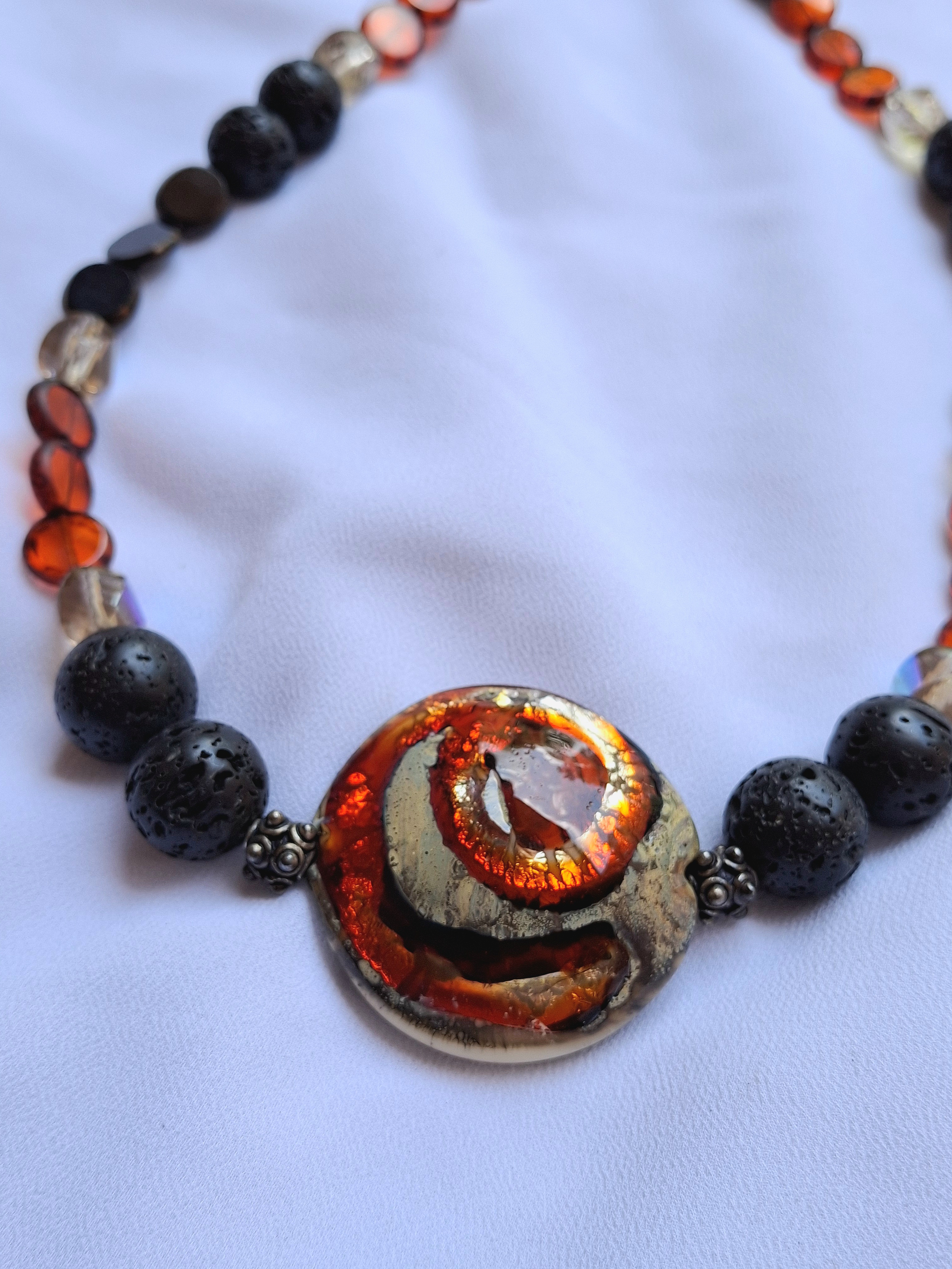 Image 3 for Vintage Handcrafted Lava Stone & Glass Bead Necklace