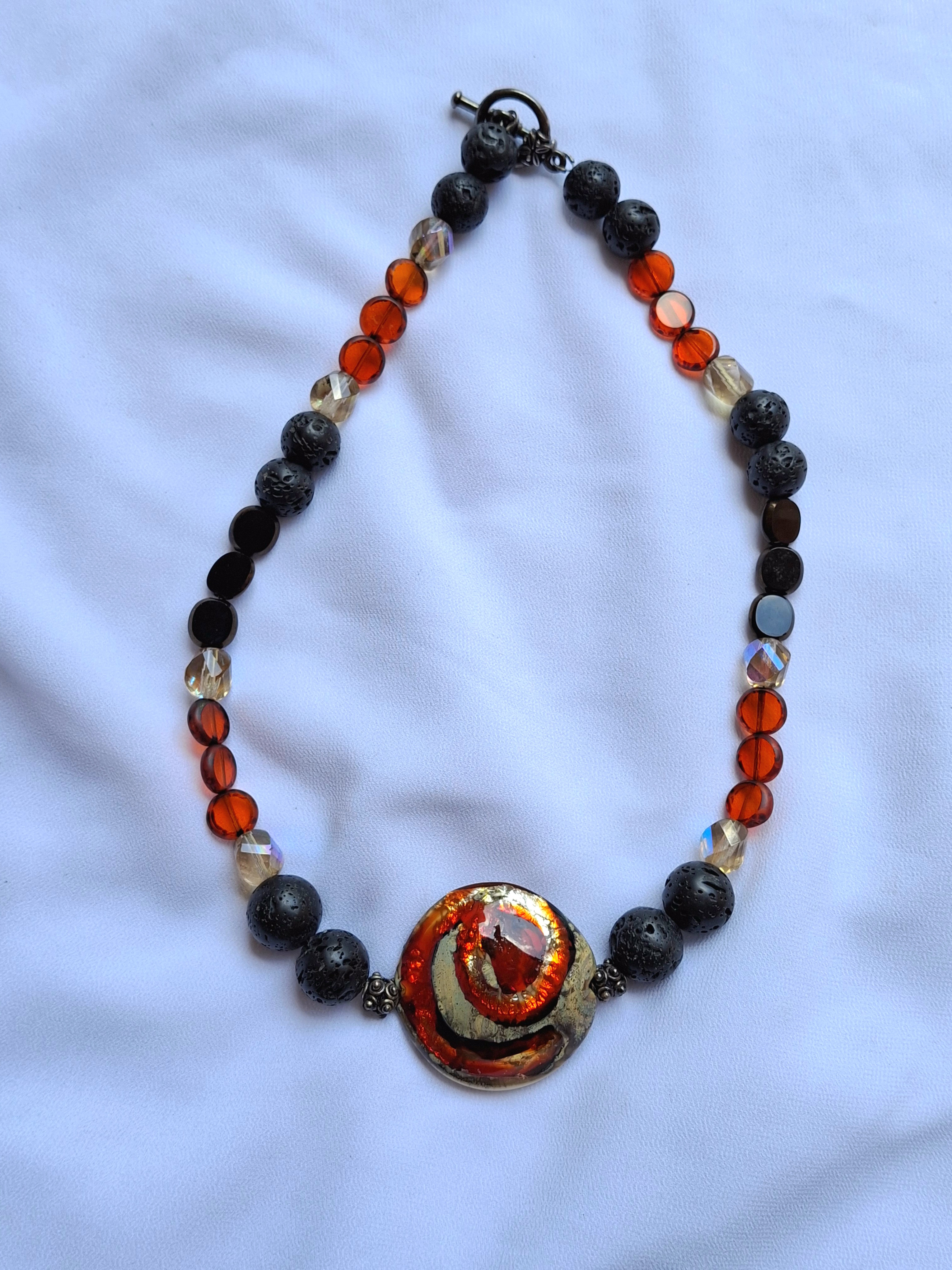 Image 4 for Vintage Handcrafted Lava Stone & Glass Bead Necklace