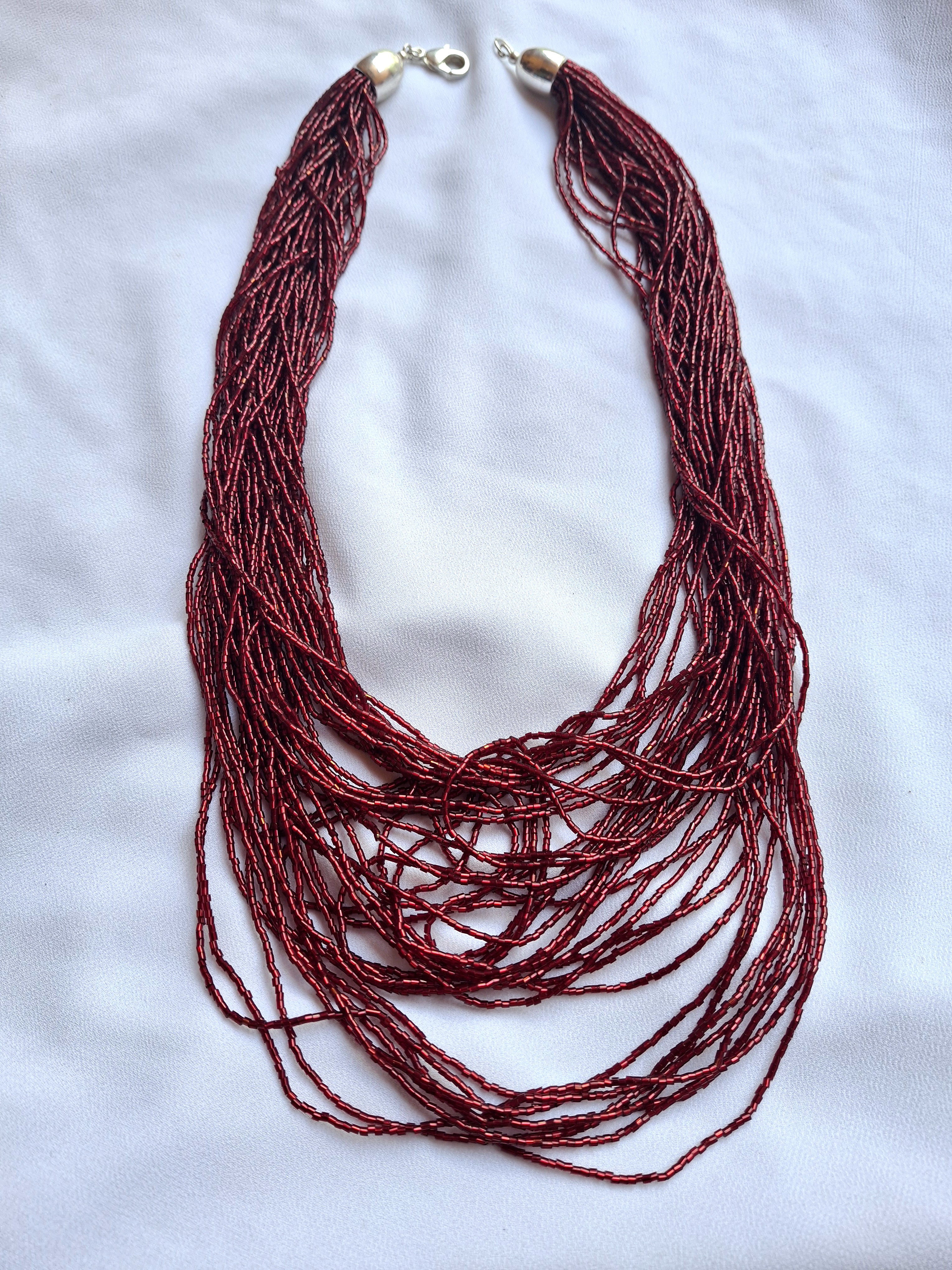 Image 2 for Vintage Burgundy Micro Glass Bead Necklace - Multi-Strand Statement Jewelry