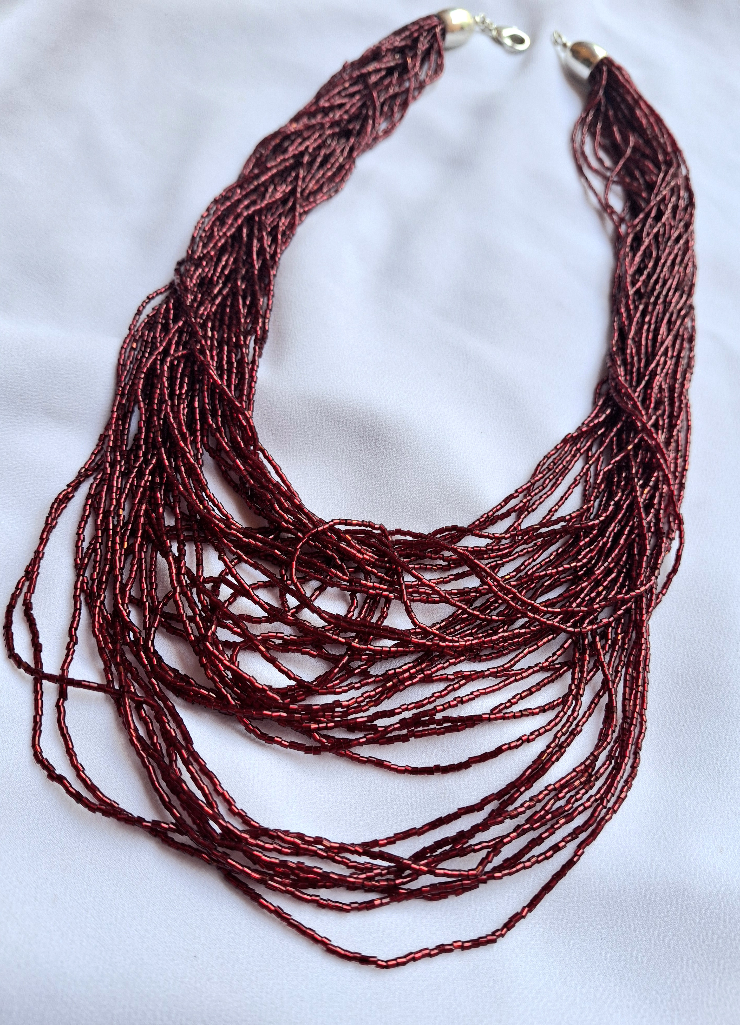 Vintage Burgundy Micro Glass Bead Necklace - Multi-Strand Statement Jewelry