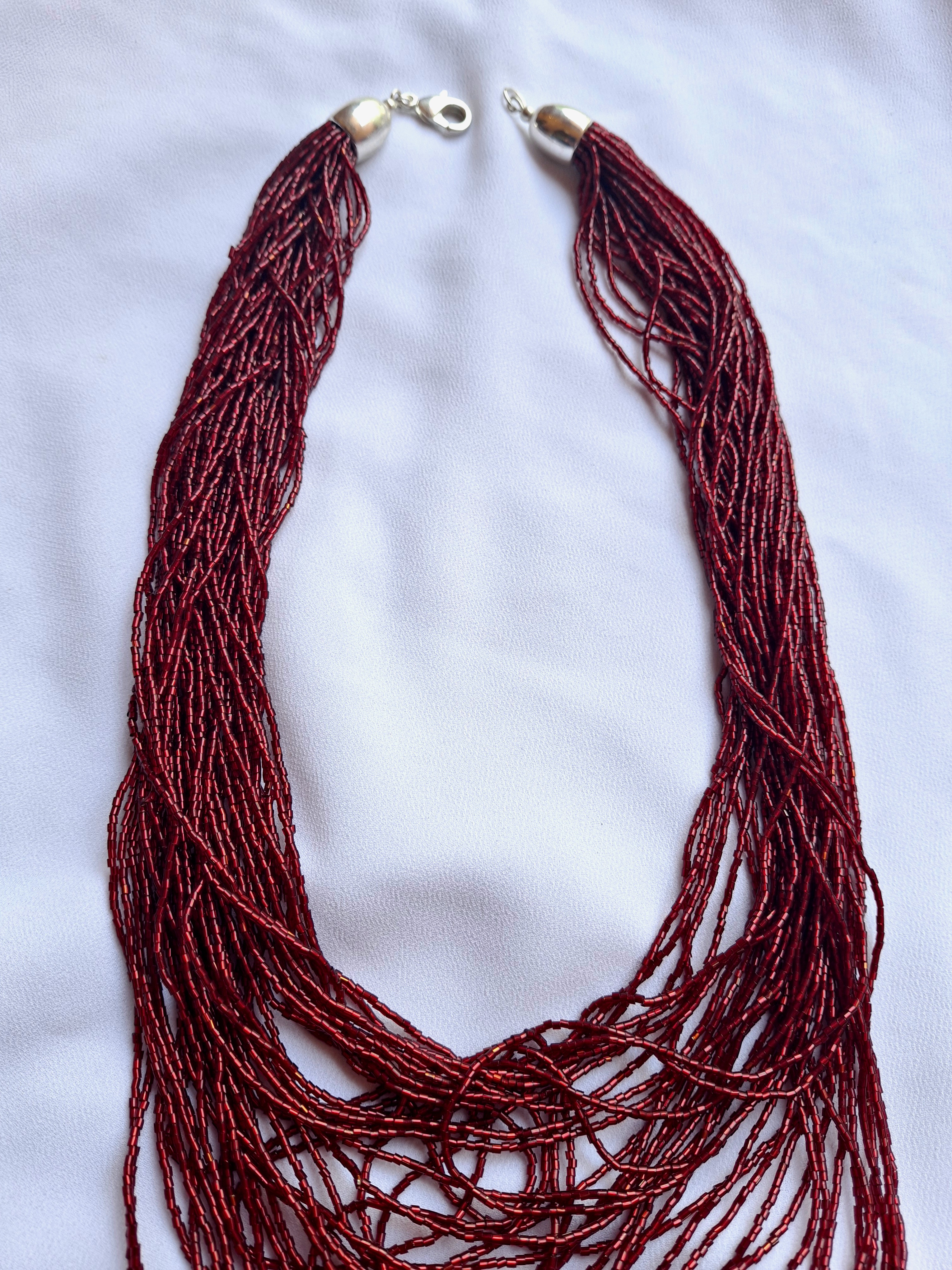 Image 3 for Vintage Burgundy Micro Glass Bead Necklace - Multi-Strand Statement Jewelry