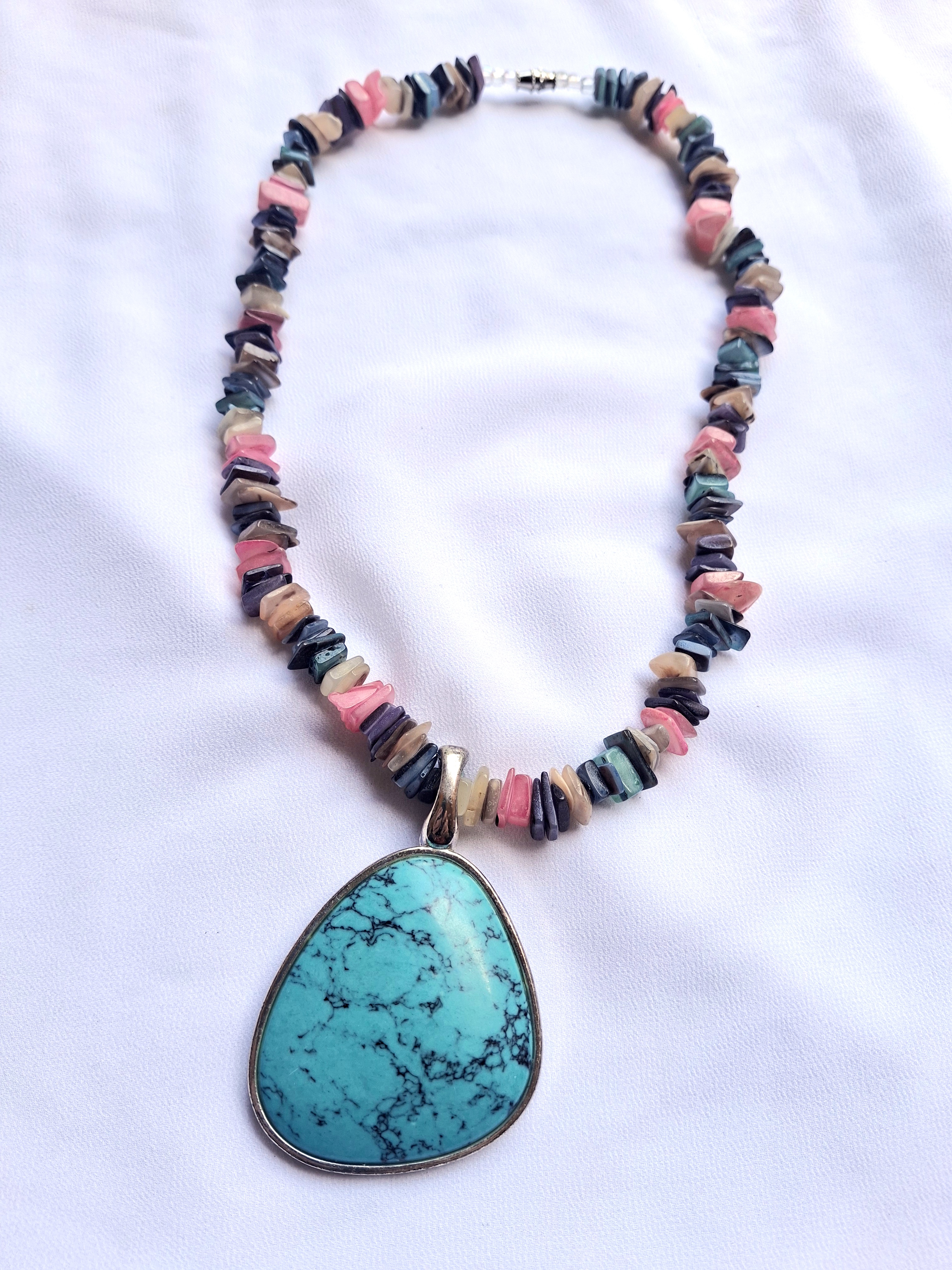 Vintage Multicolored Shell Beaded Necklace with a Turquoise 925 Sterling Silver Pendant