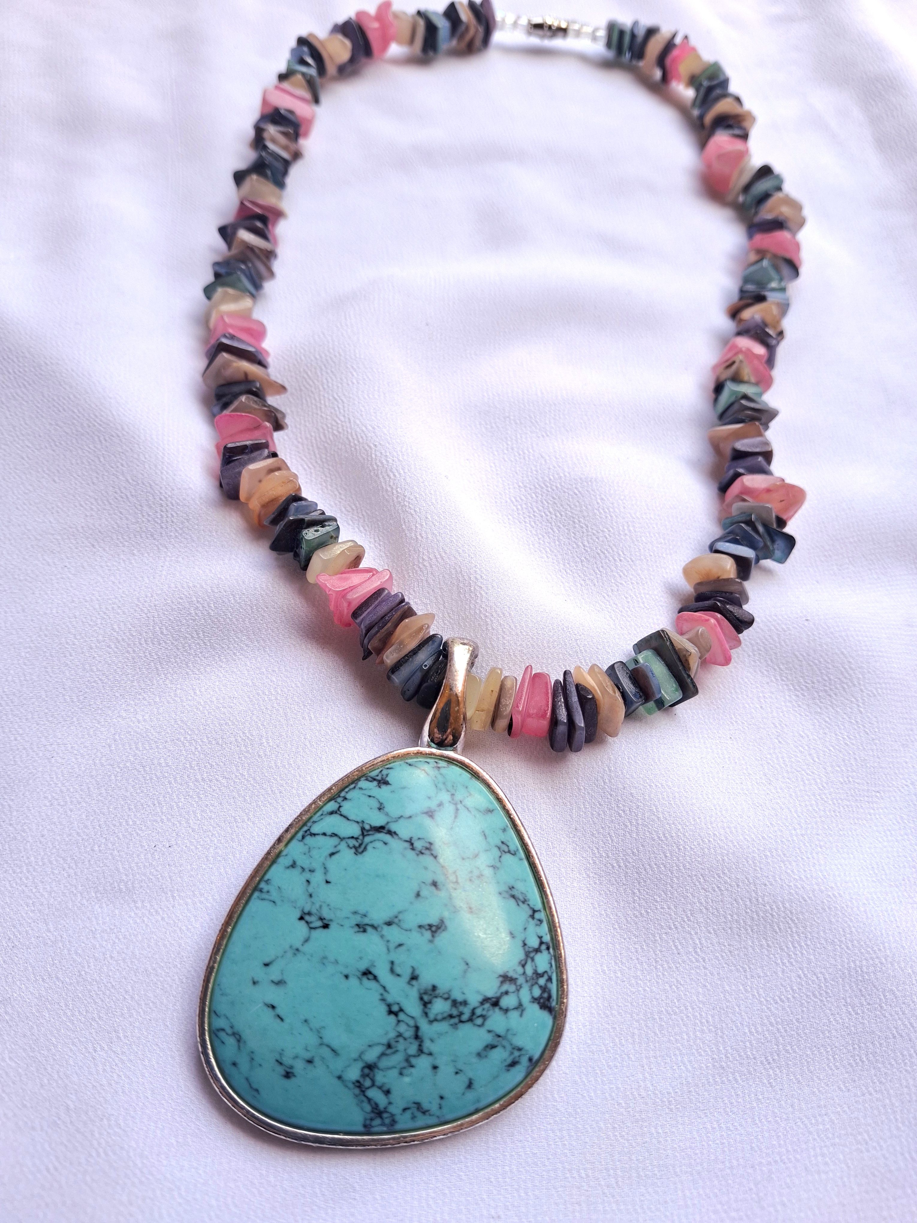 Image 3 for Vintage Multicolored Shell Beaded Necklace with a Turquoise 925 Sterling Silver Pendant