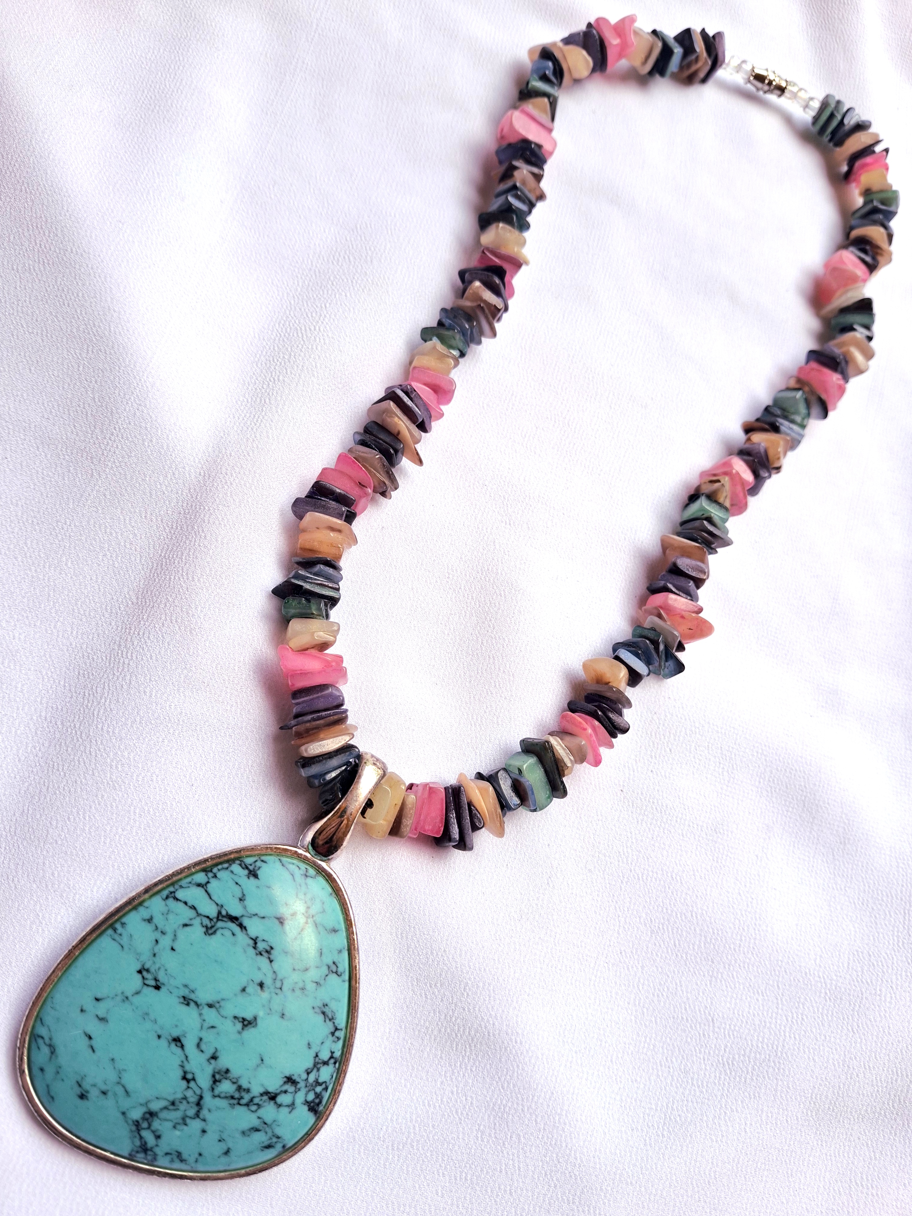 Image 2 for Vintage Multicolored Shell Beaded Necklace with a Turquoise 925 Sterling Silver Pendant