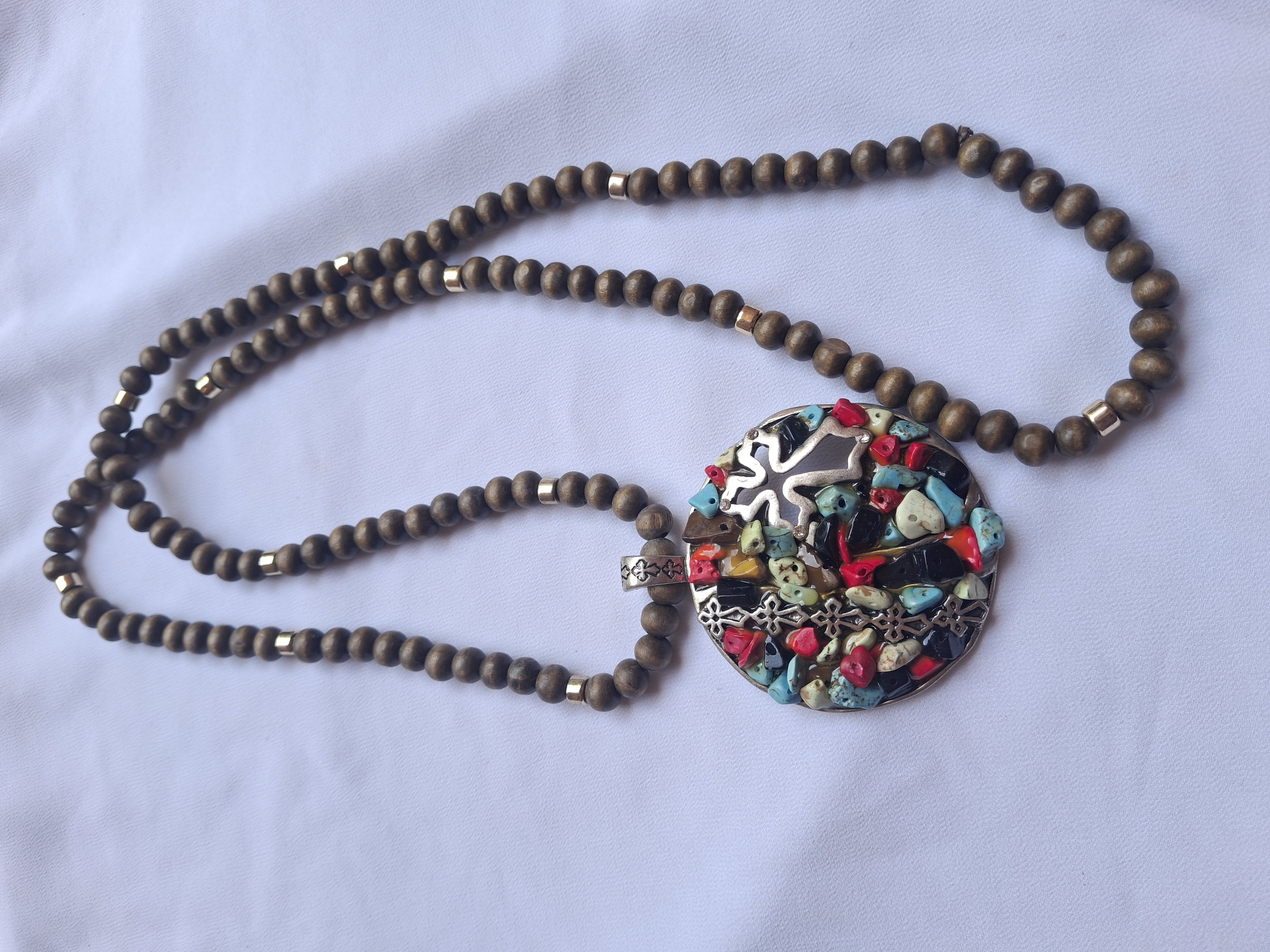 Image 2 for Vintage Gold Toned Wood Beaded Necklace with Large Silver Turquoise Circular Cross Pendant
