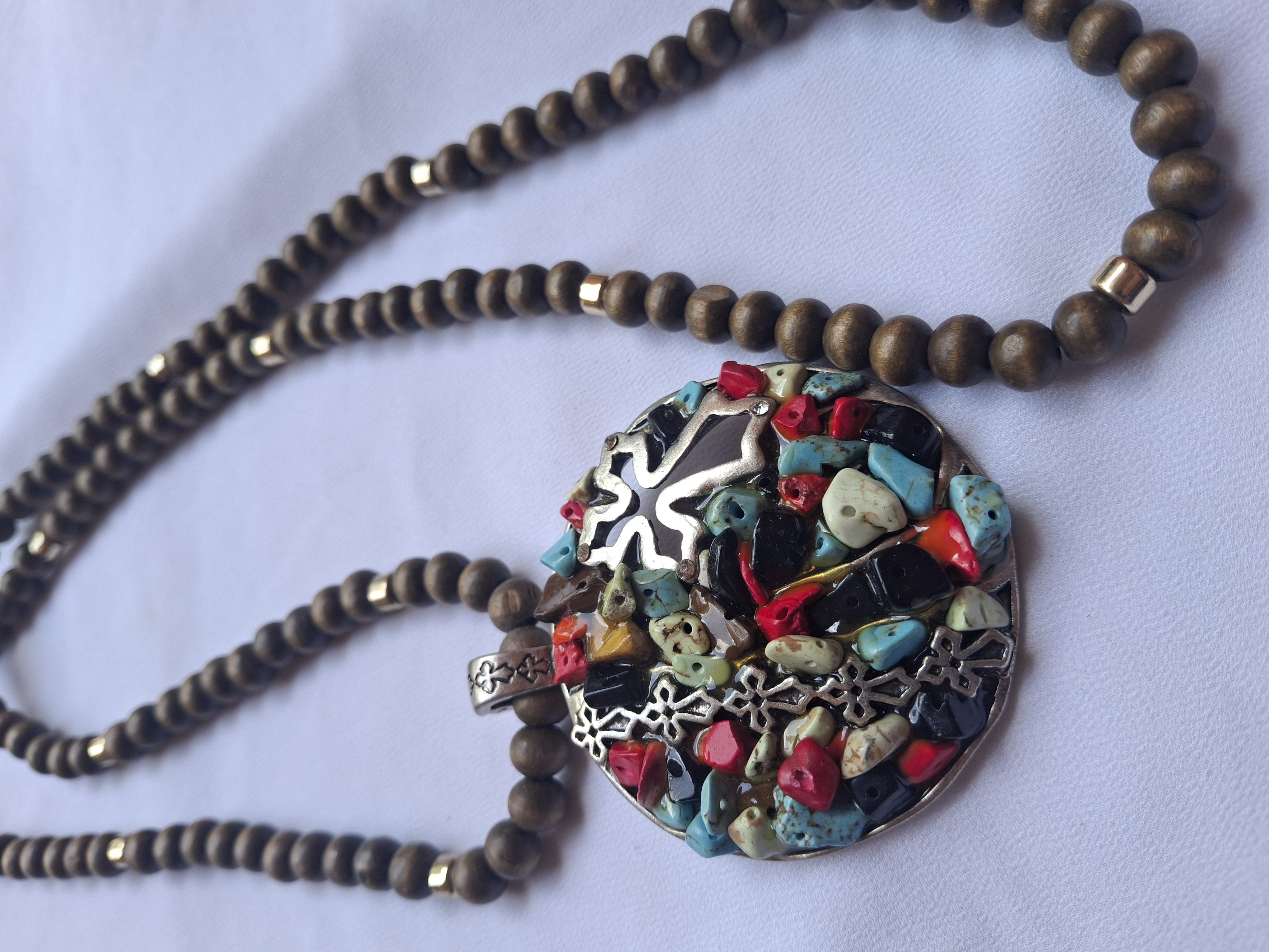 Vintage Gold Toned Wood Beaded Necklace with Large Silver Turquoise Circular Cross Pendant