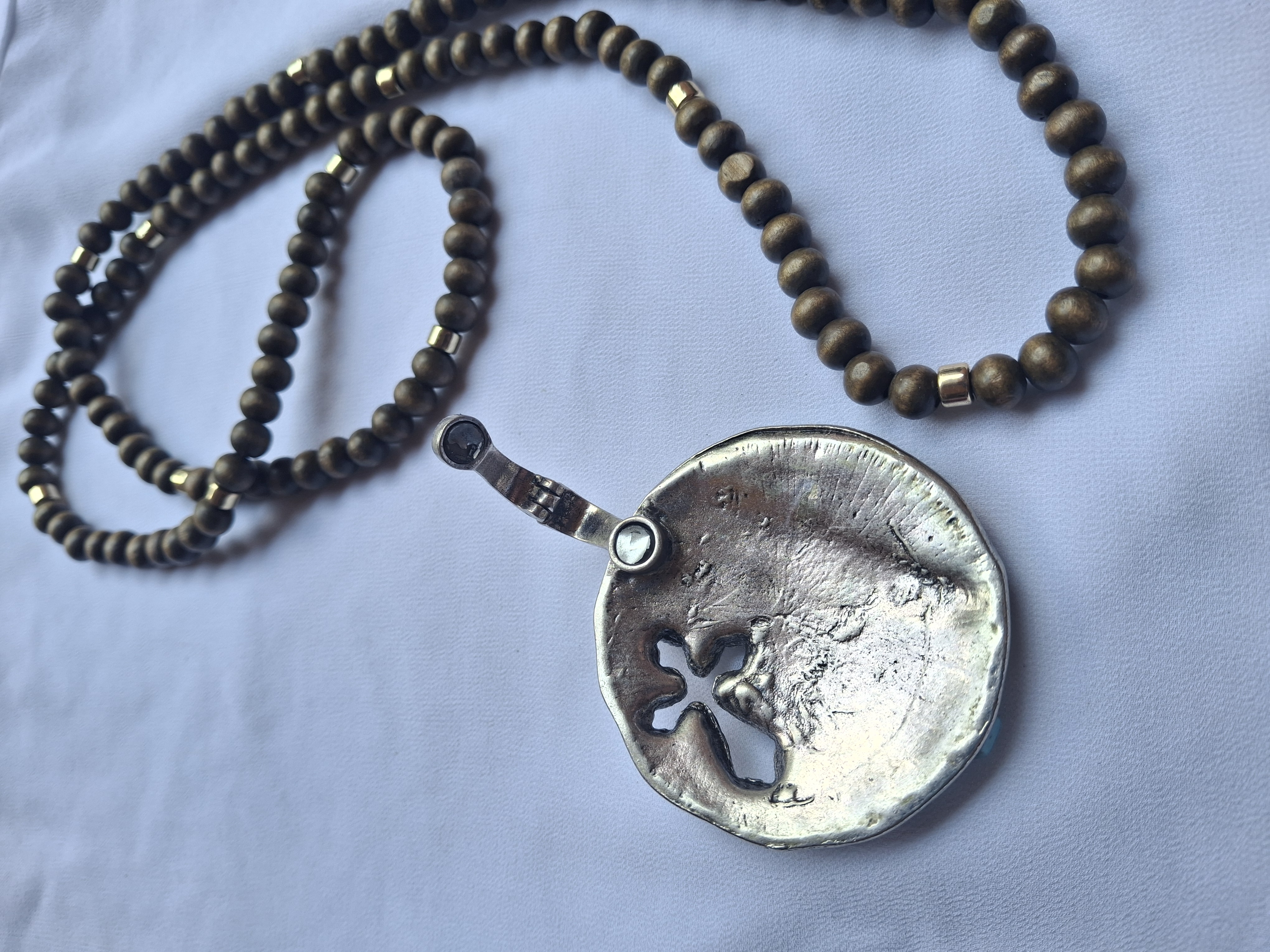 Image 4 for Vintage Gold Toned Wood Beaded Necklace with Large Silver Turquoise Circular Cross Pendant