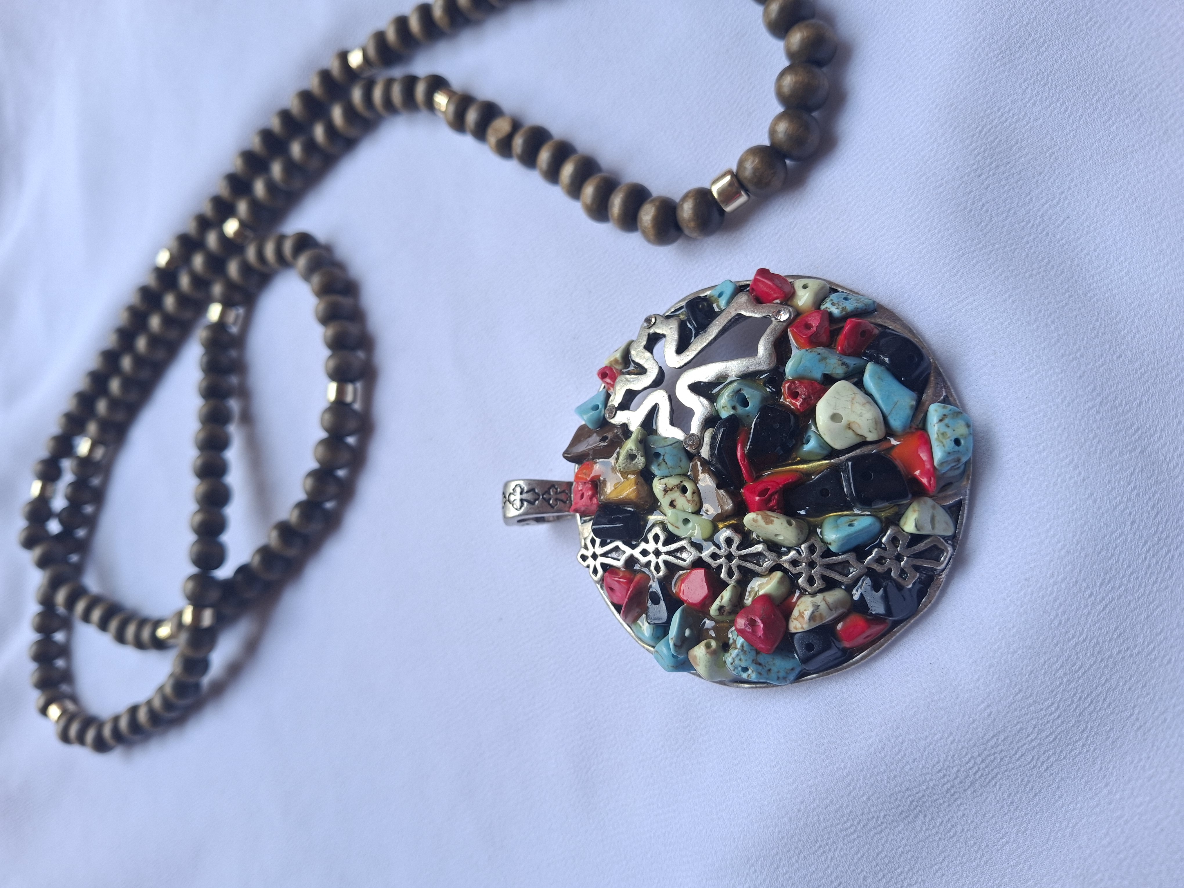 Image 3 for Vintage Gold Toned Wood Beaded Necklace with Large Silver Turquoise Circular Cross Pendant