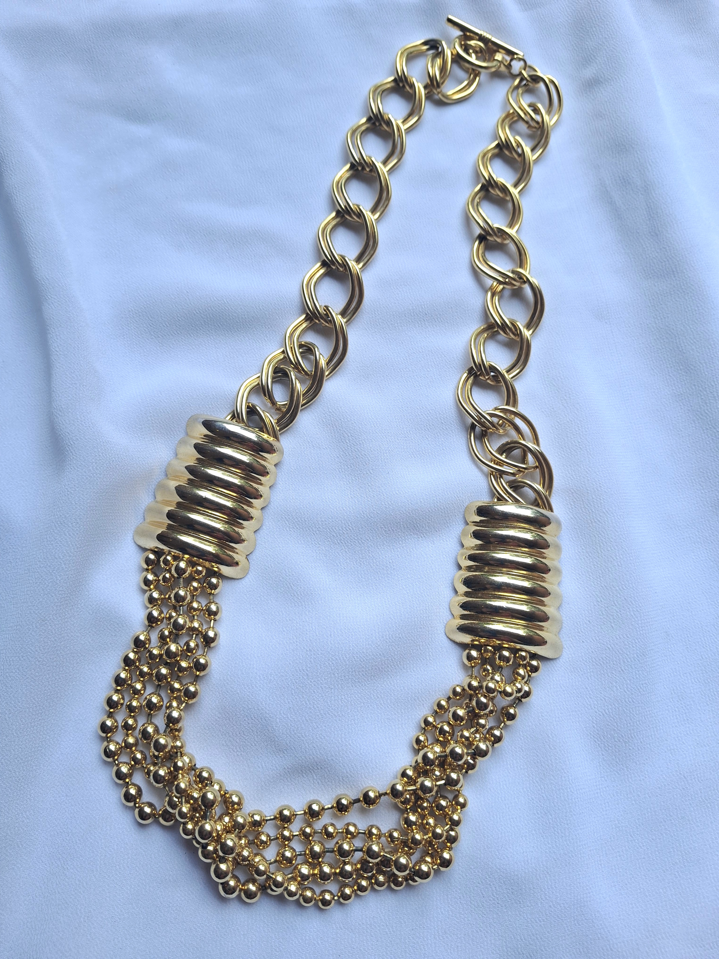 Vintage Gold Toned Statement Necklace Beaded Chain Jewelry