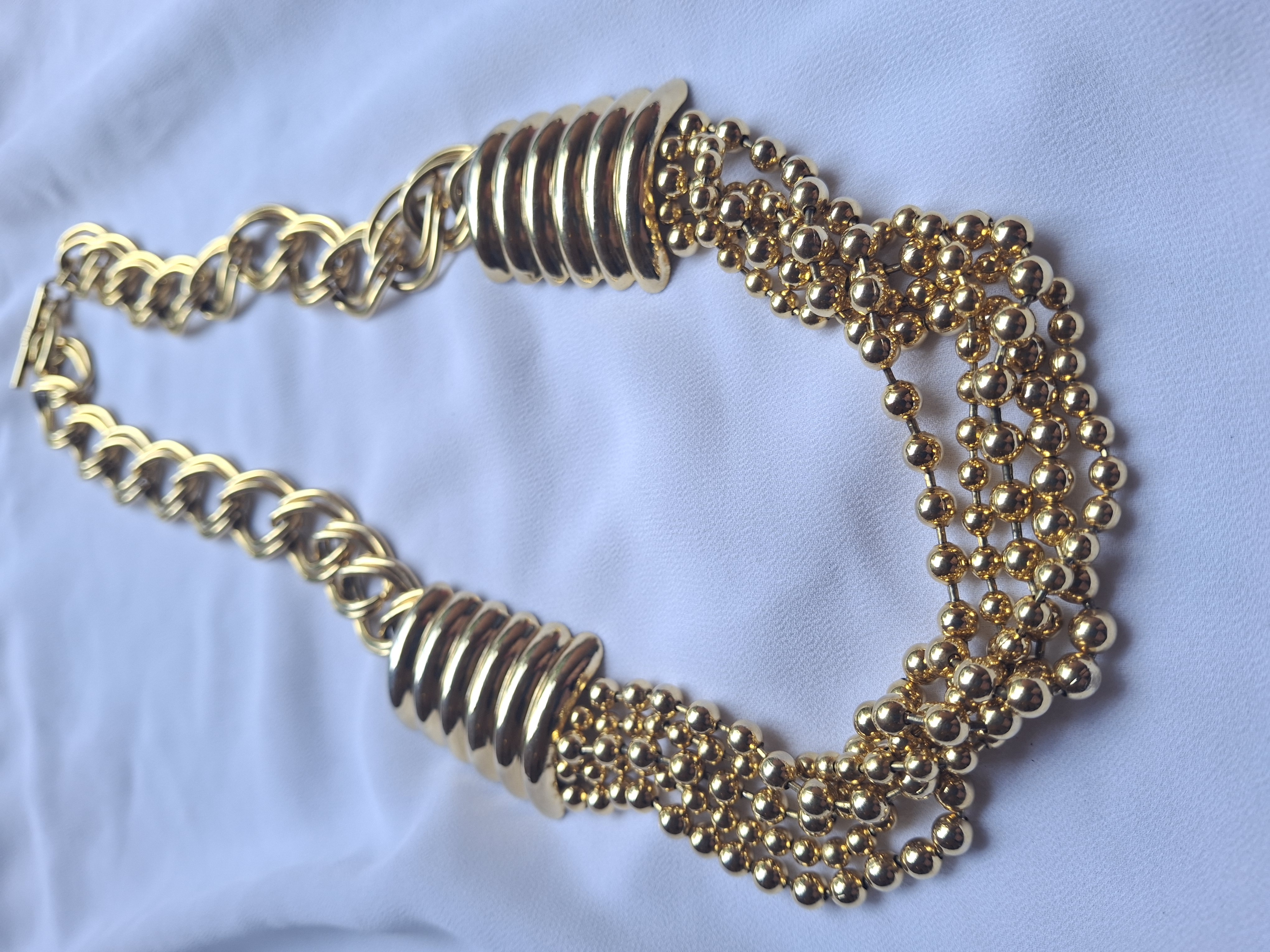 Image 2 for Vintage Gold Toned Statement Necklace Beaded Chain Jewelry