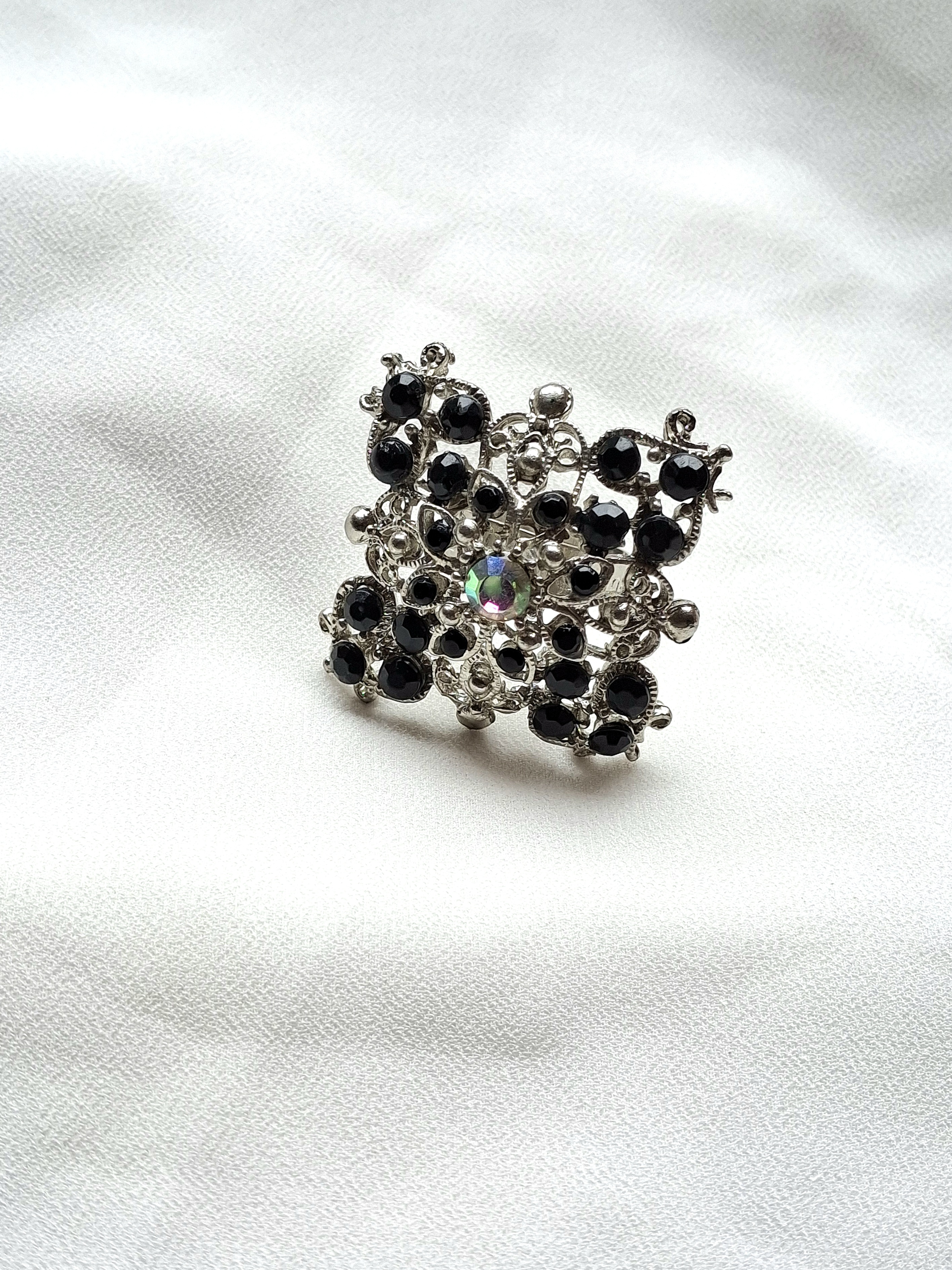 Image 4 for Silver Toned Filigree Black Statement Ring