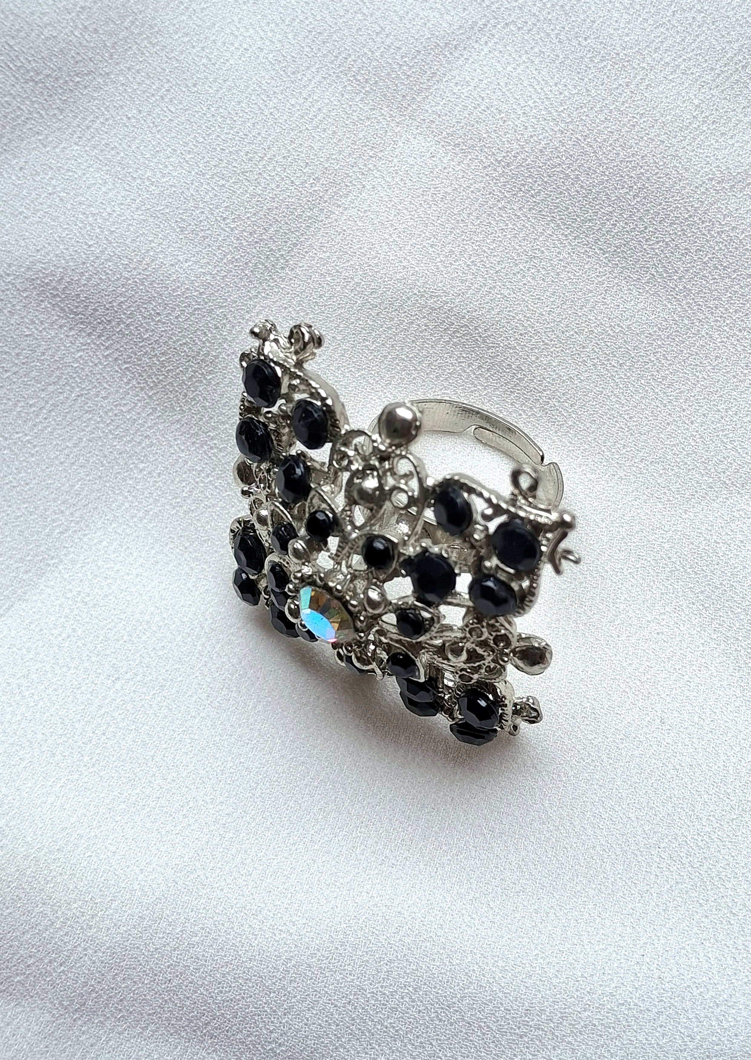 Image 3 for Silver Toned Filigree Black Statement Ring