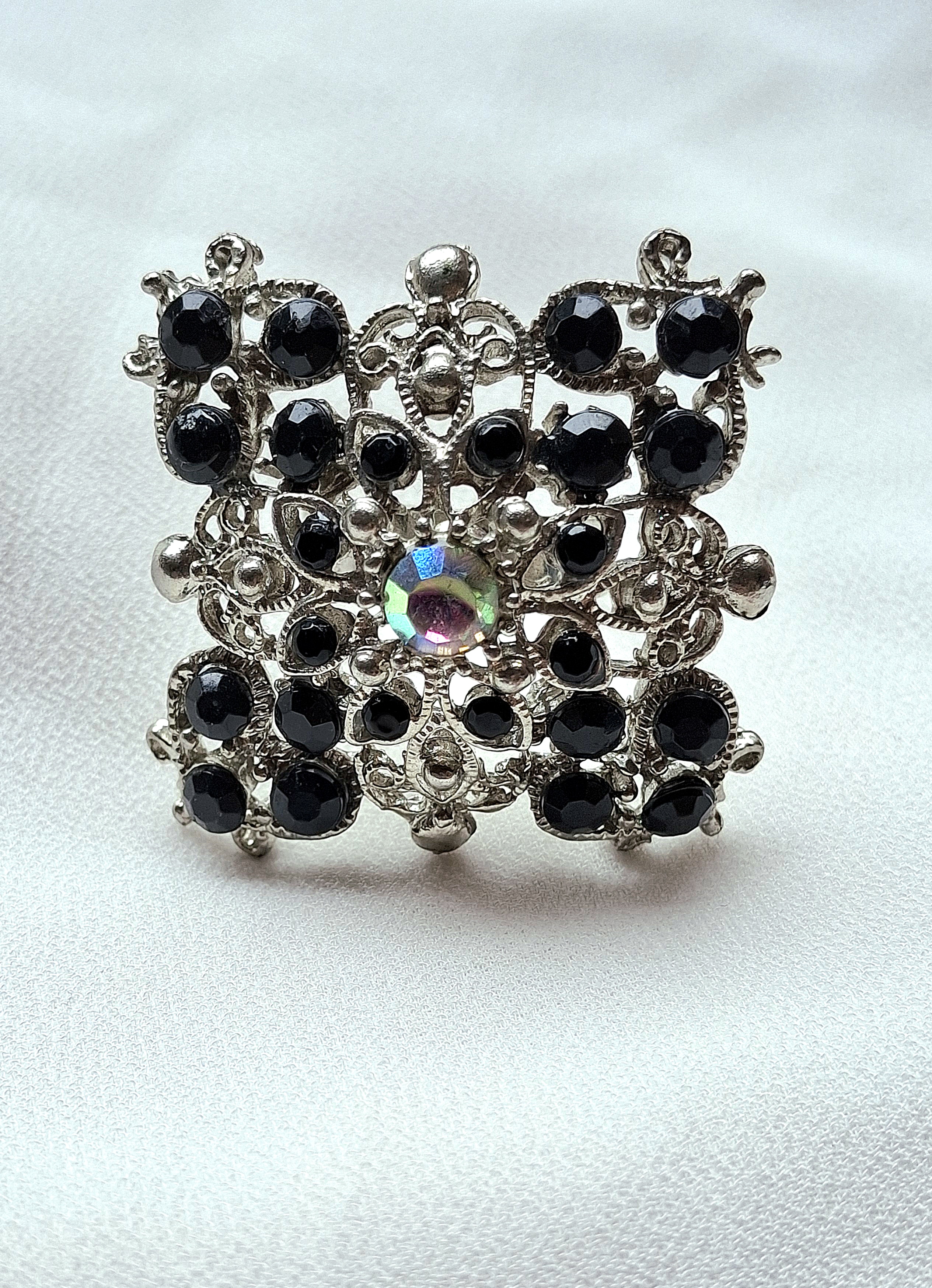 Image 5 for Silver Toned Filigree Black Statement Ring