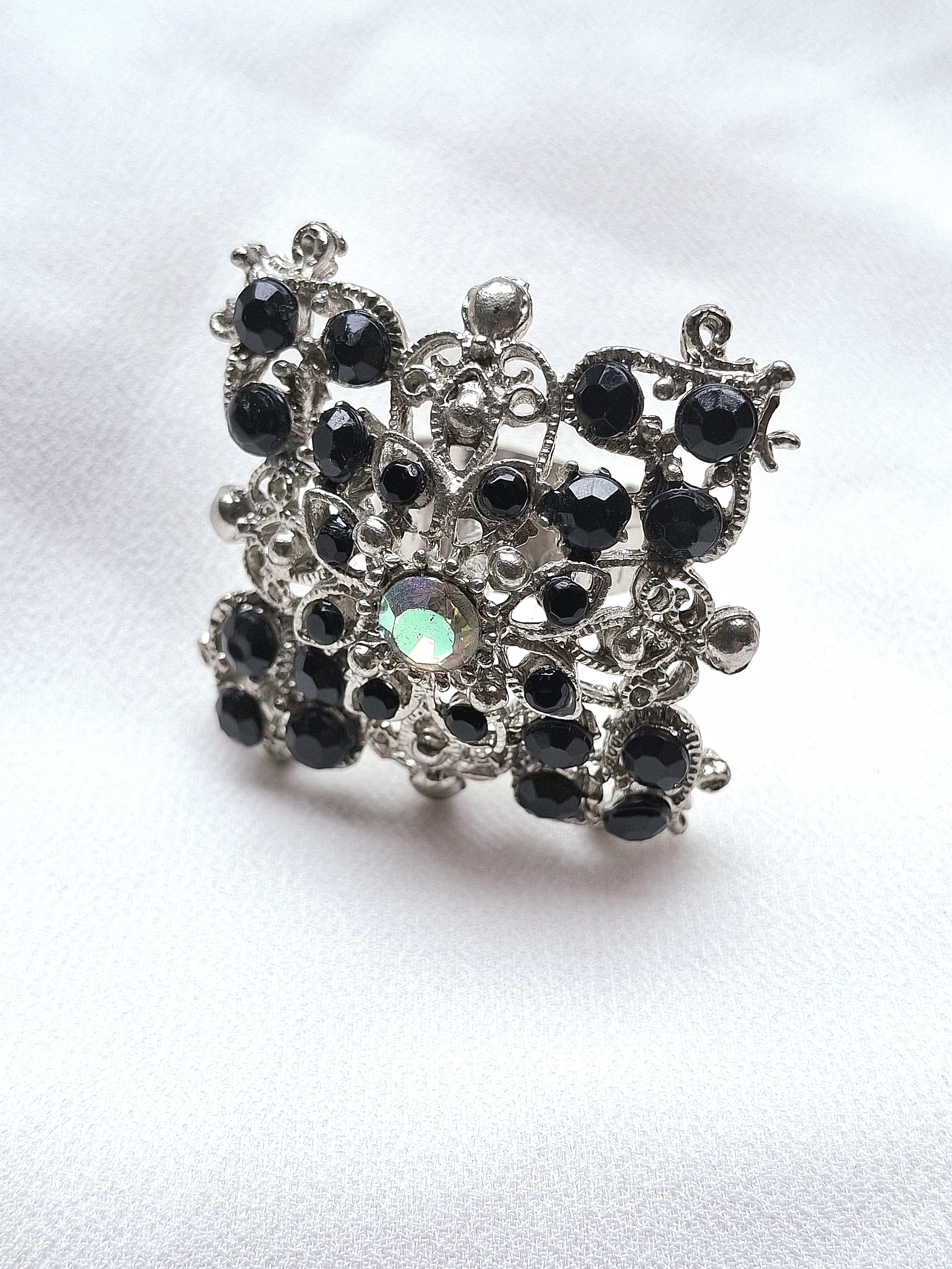 Image 2 for Silver Toned Filigree Black Statement Ring