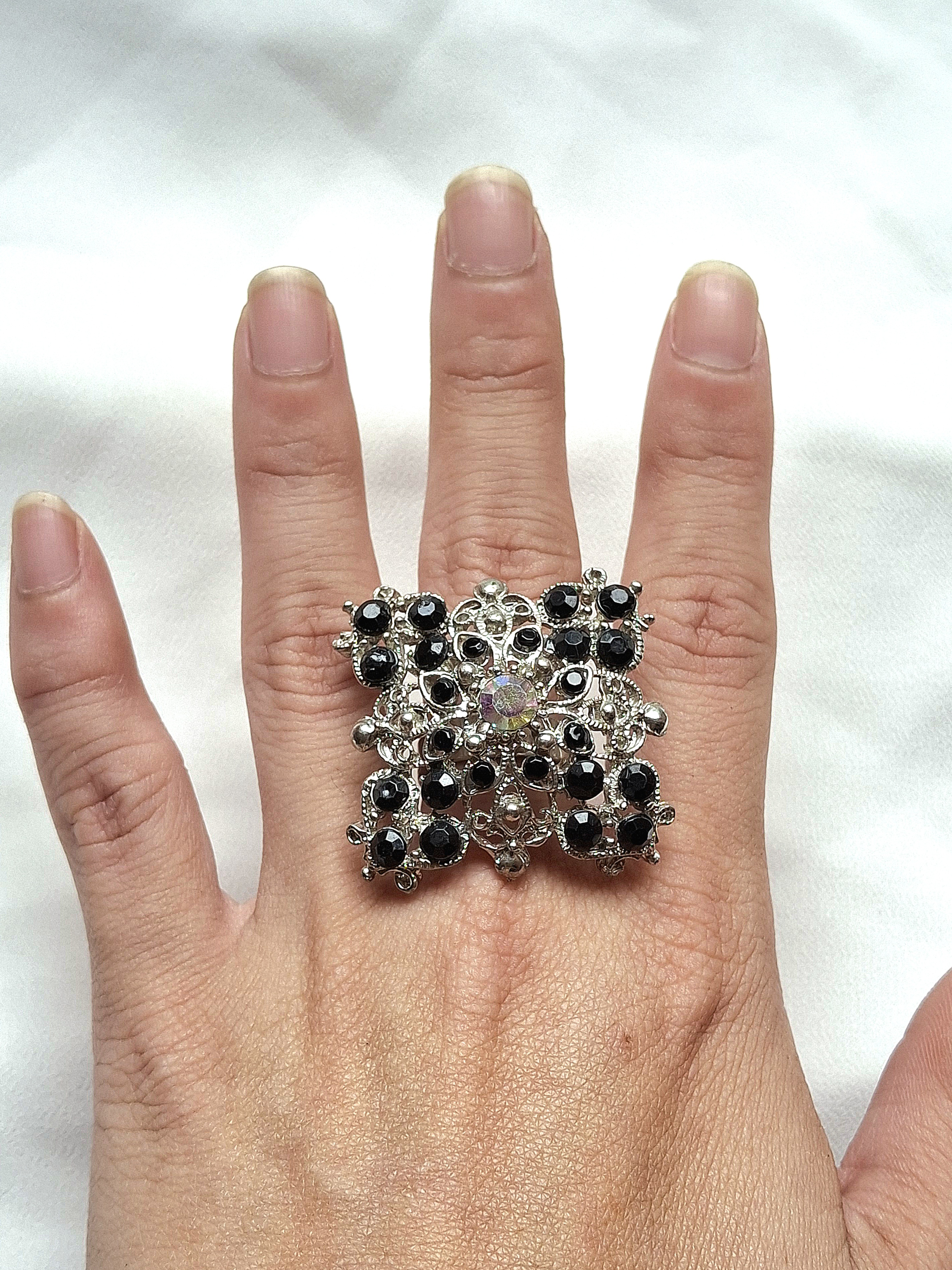Silver Toned Filigree Black Statement Ring