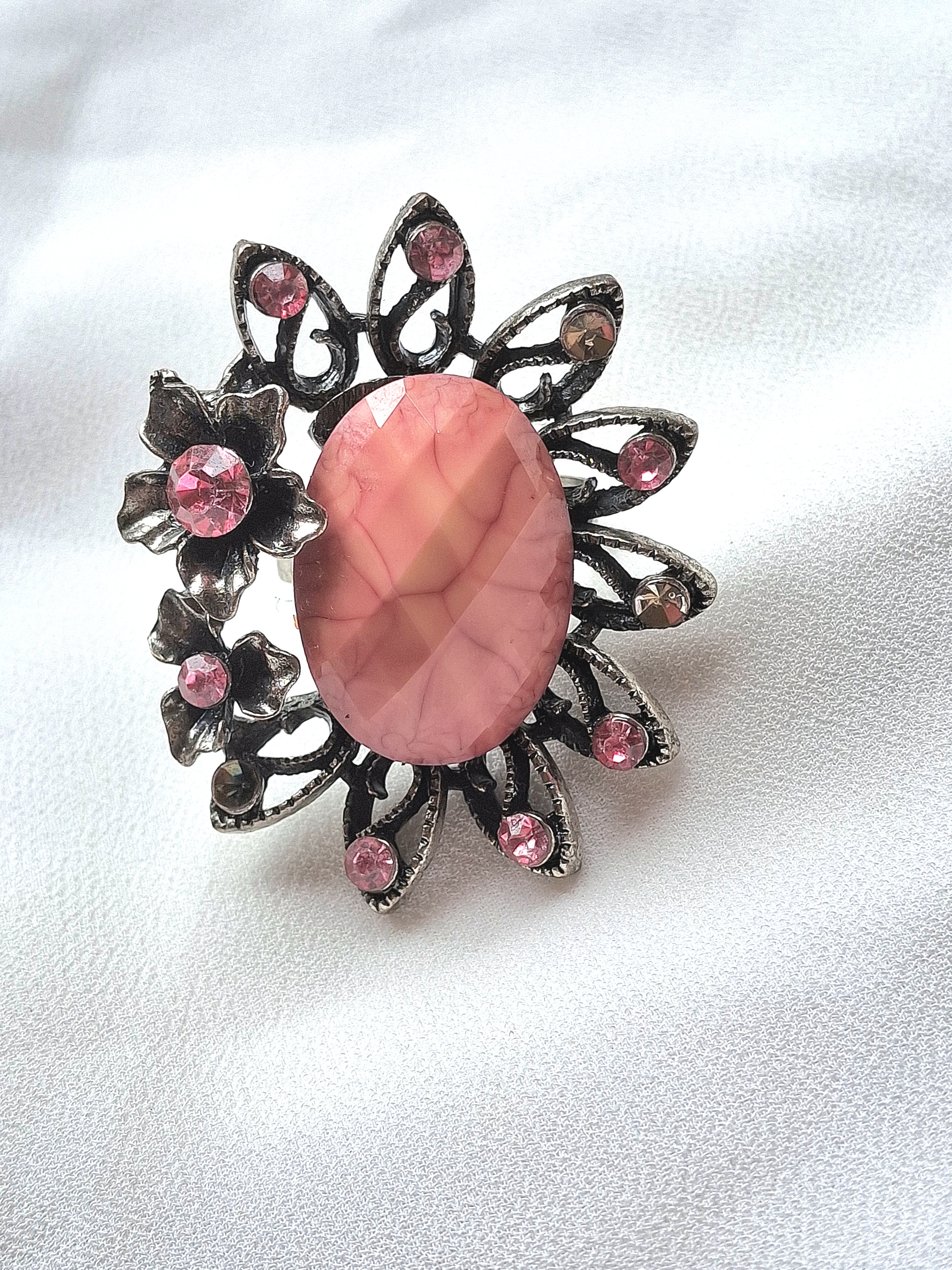 Image 5 for Large Silver Toned Pink/Coral Flower Statement Ring Floral Cocktail Ring