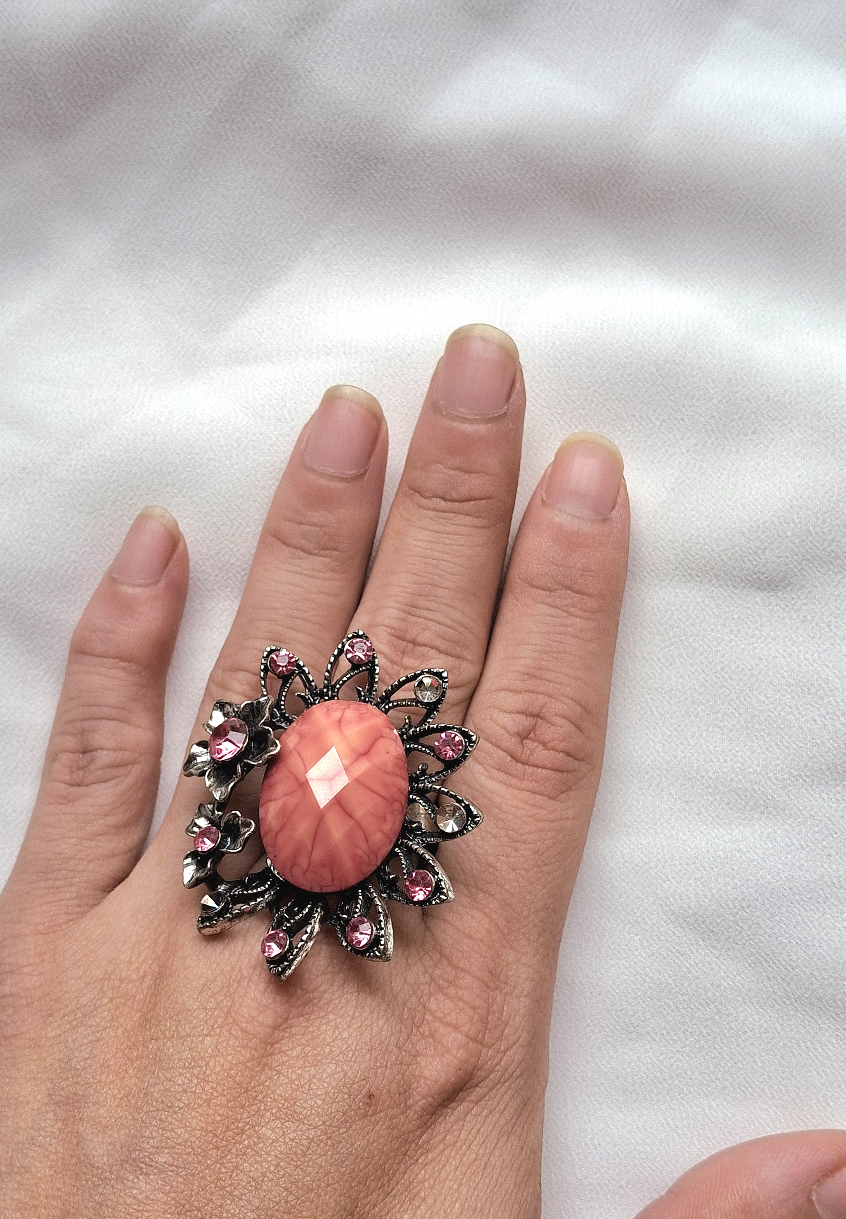 Large Silver Toned Pink/Coral Flower Statement Ring Floral Cocktail Ring