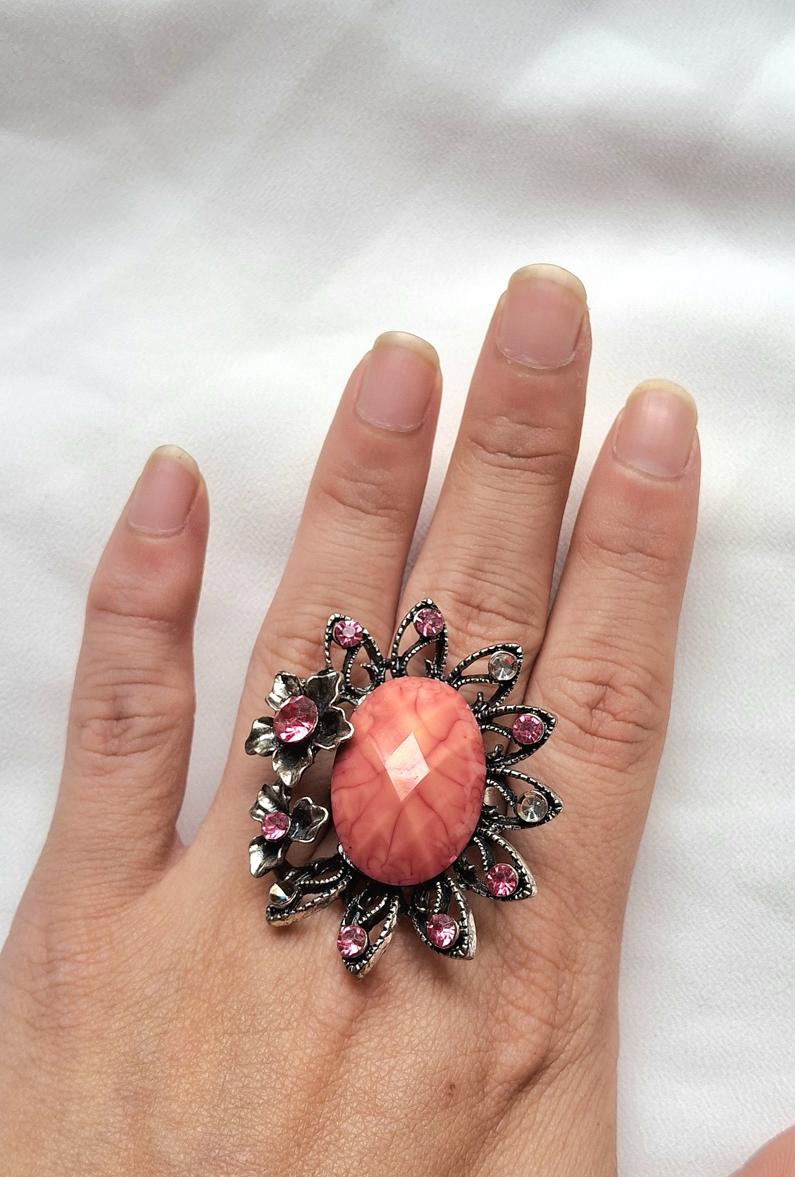 Image 4 for Large Silver Toned Pink/Coral Flower Statement Ring Floral Cocktail Ring