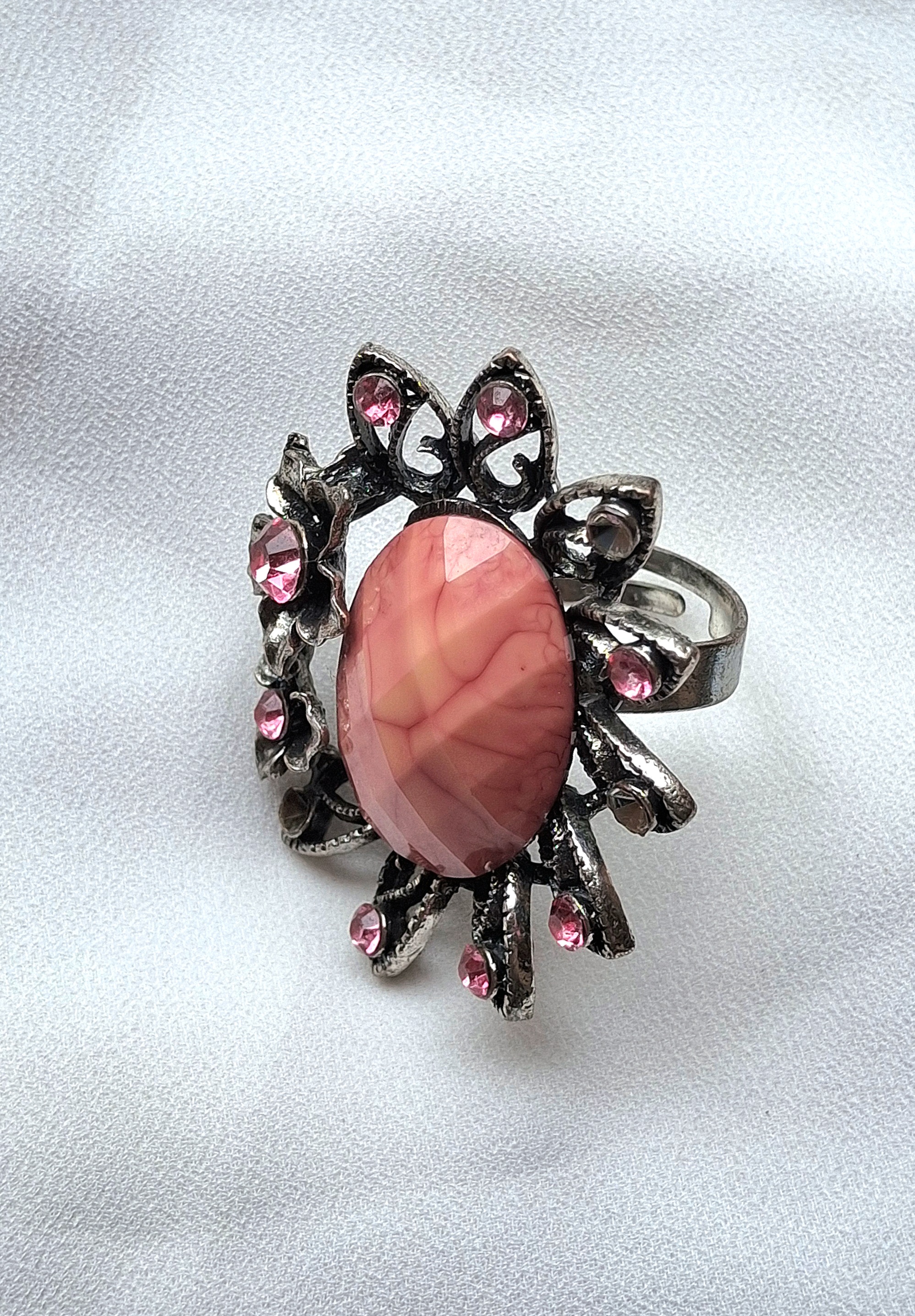 Image 3 for Large Silver Toned Pink/Coral Flower Statement Ring Floral Cocktail Ring