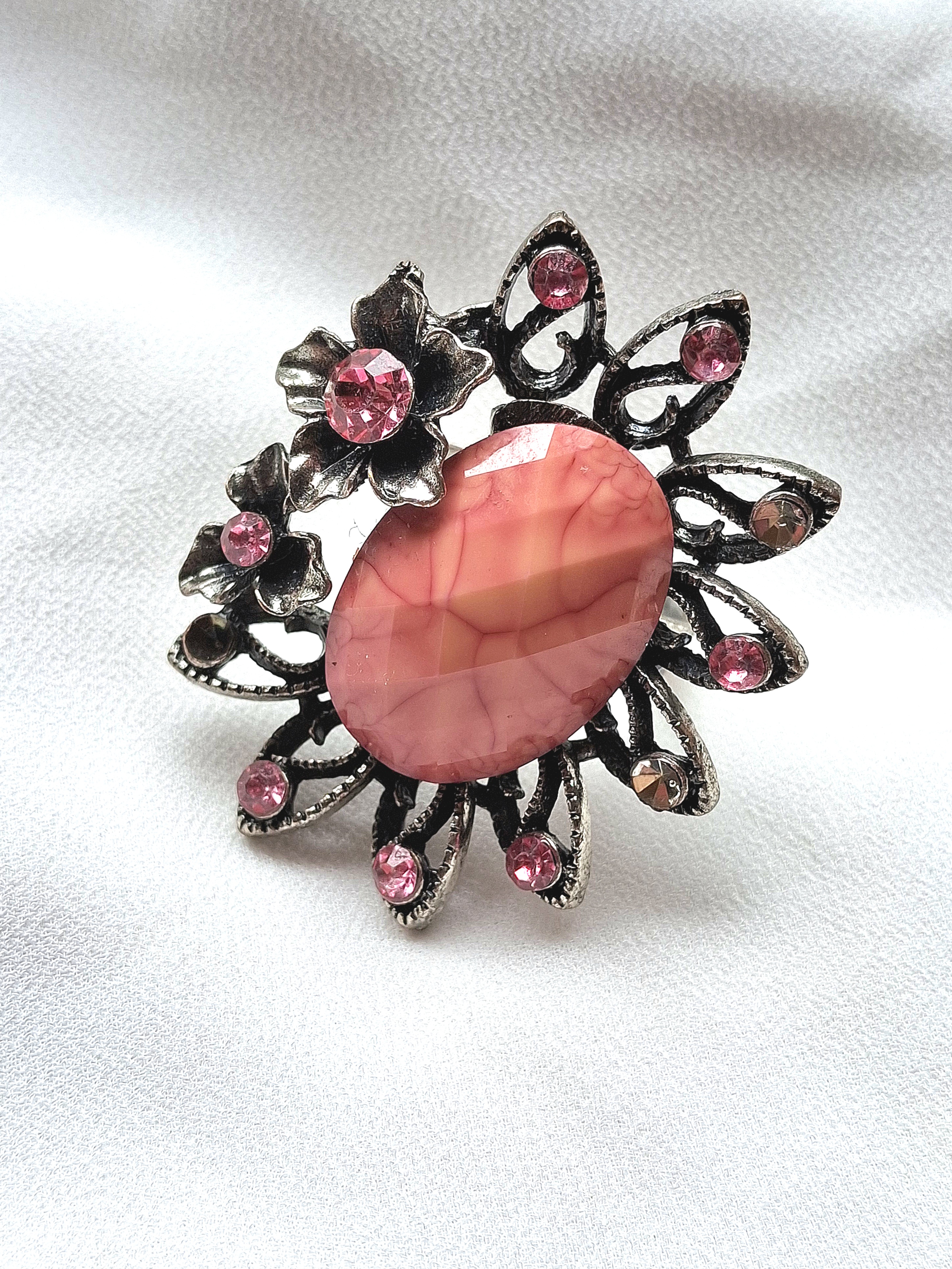 Image 2 for Large Silver Toned Pink/Coral Flower Statement Ring Floral Cocktail Ring