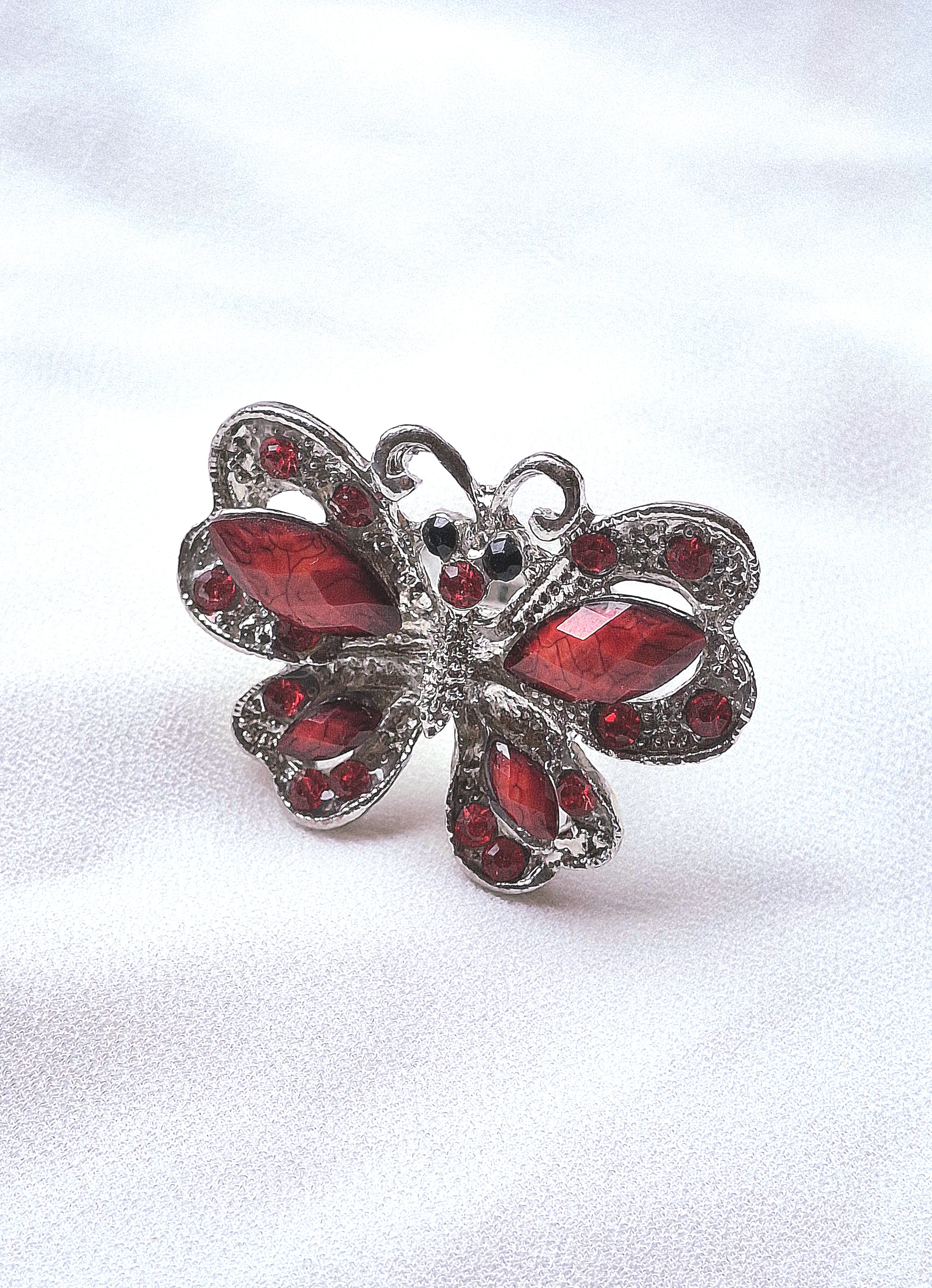 Image 2 for Large Silver Toned Red Butterfly Statement Cocktail Ring