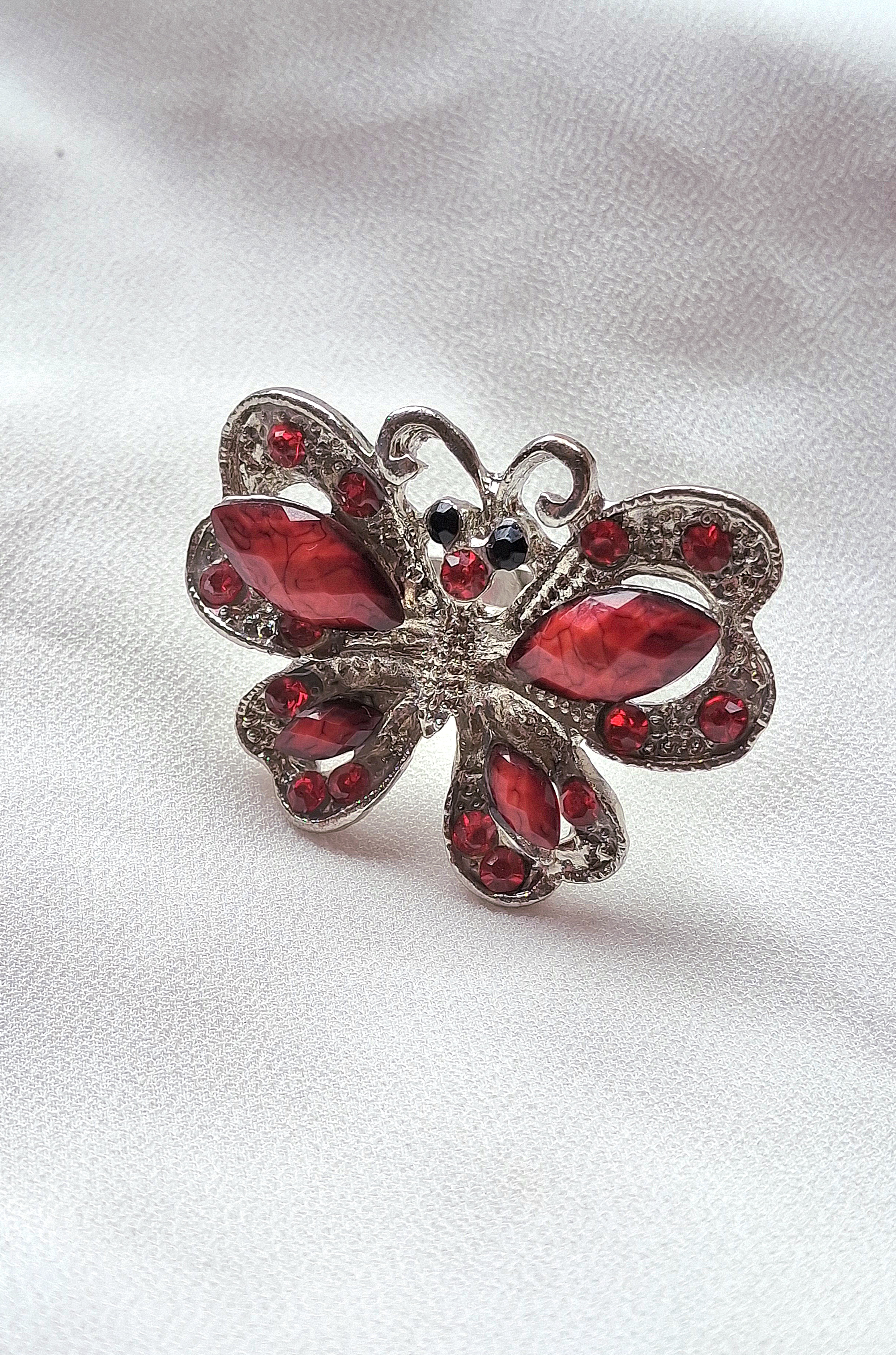 Image 3 for Large Silver Toned Red Butterfly Statement Cocktail Ring