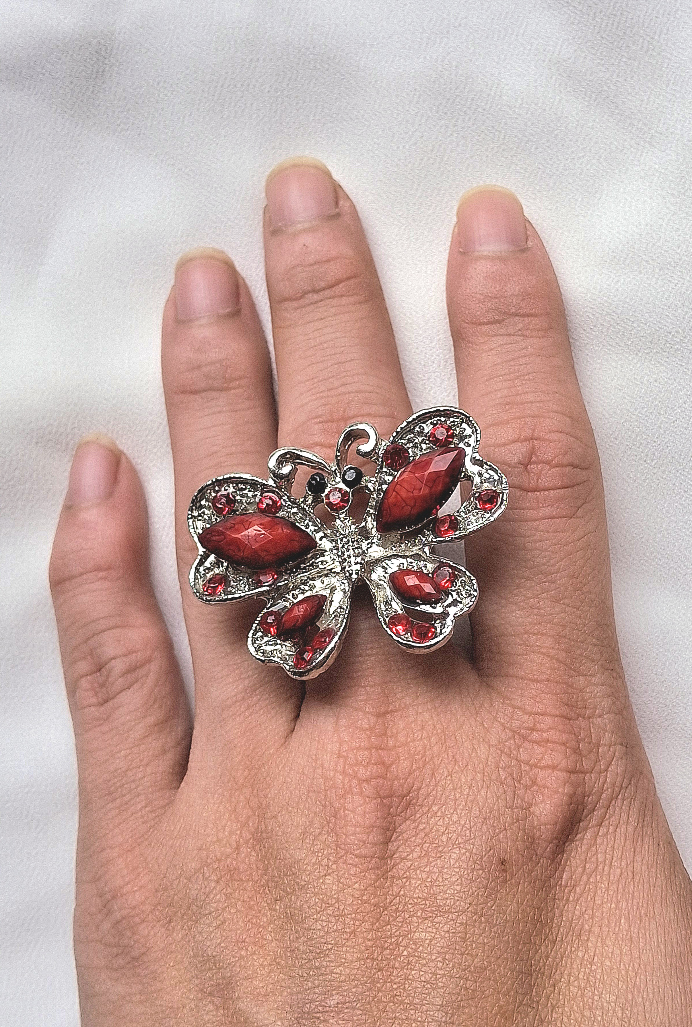 Large Silver Toned Red Butterfly Statement Cocktail Ring