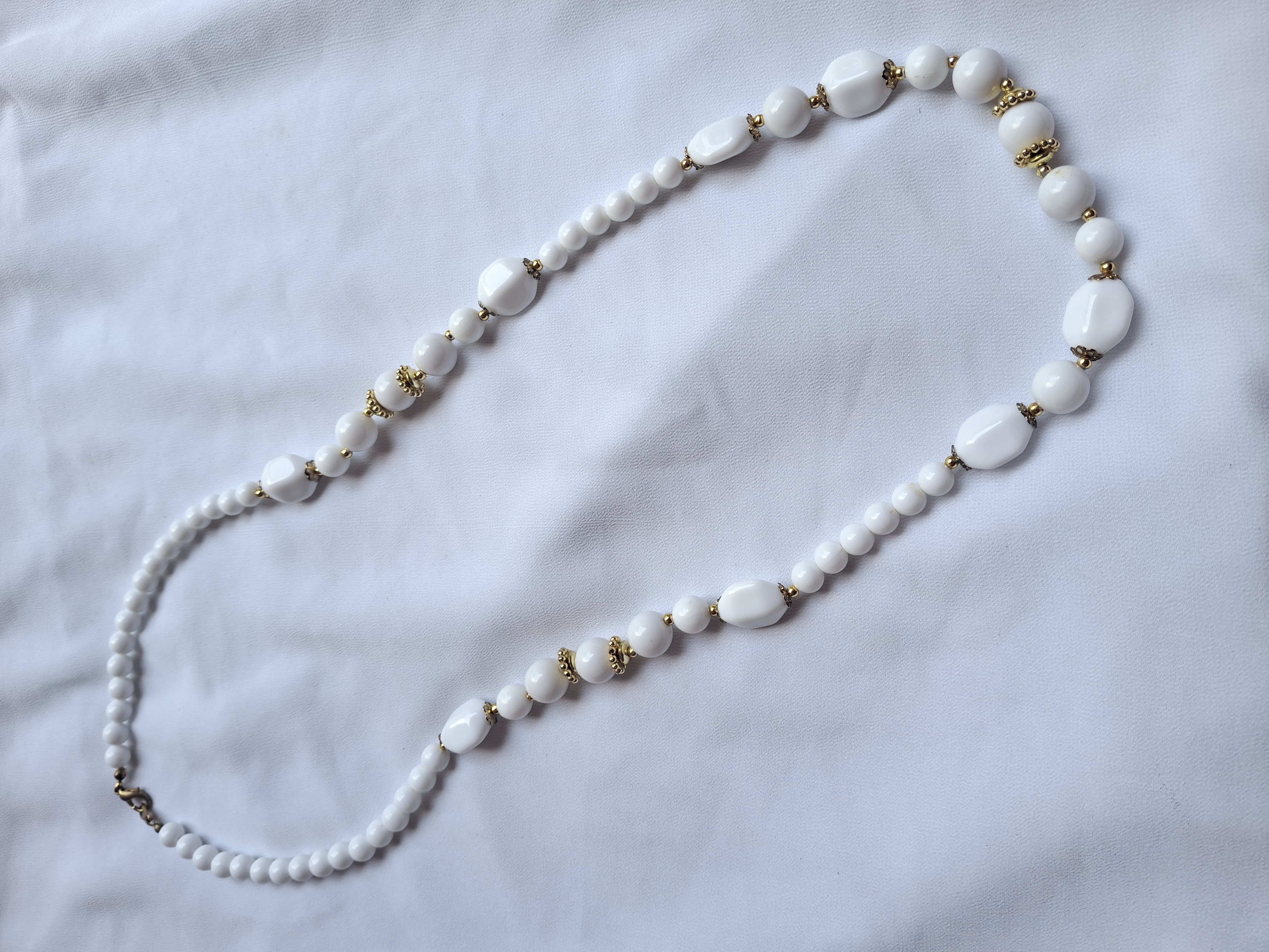 Vintage White Beaded Necklace with Gold Accents