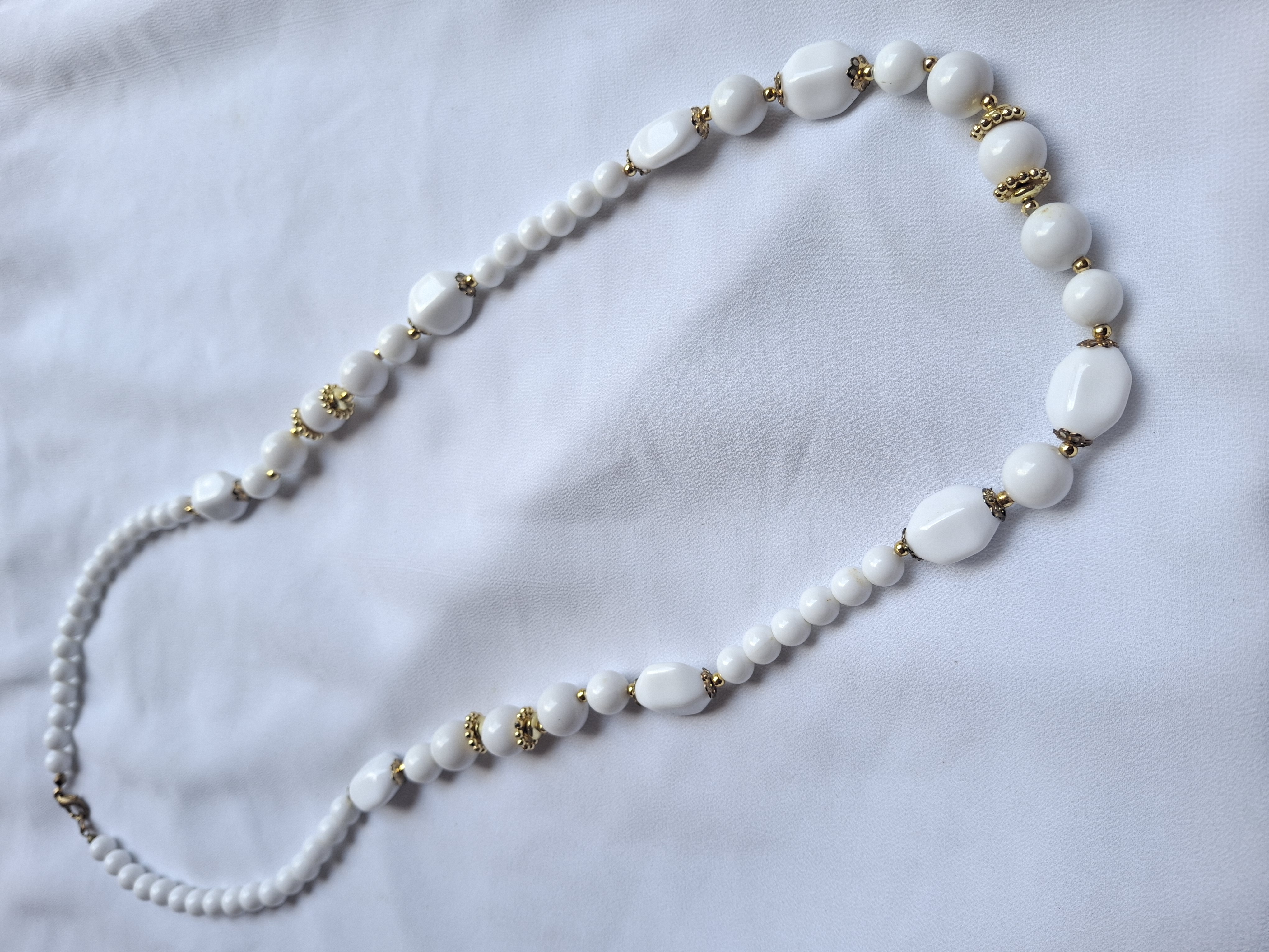 Image 4 for Vintage White Beaded Necklace with Gold Accents