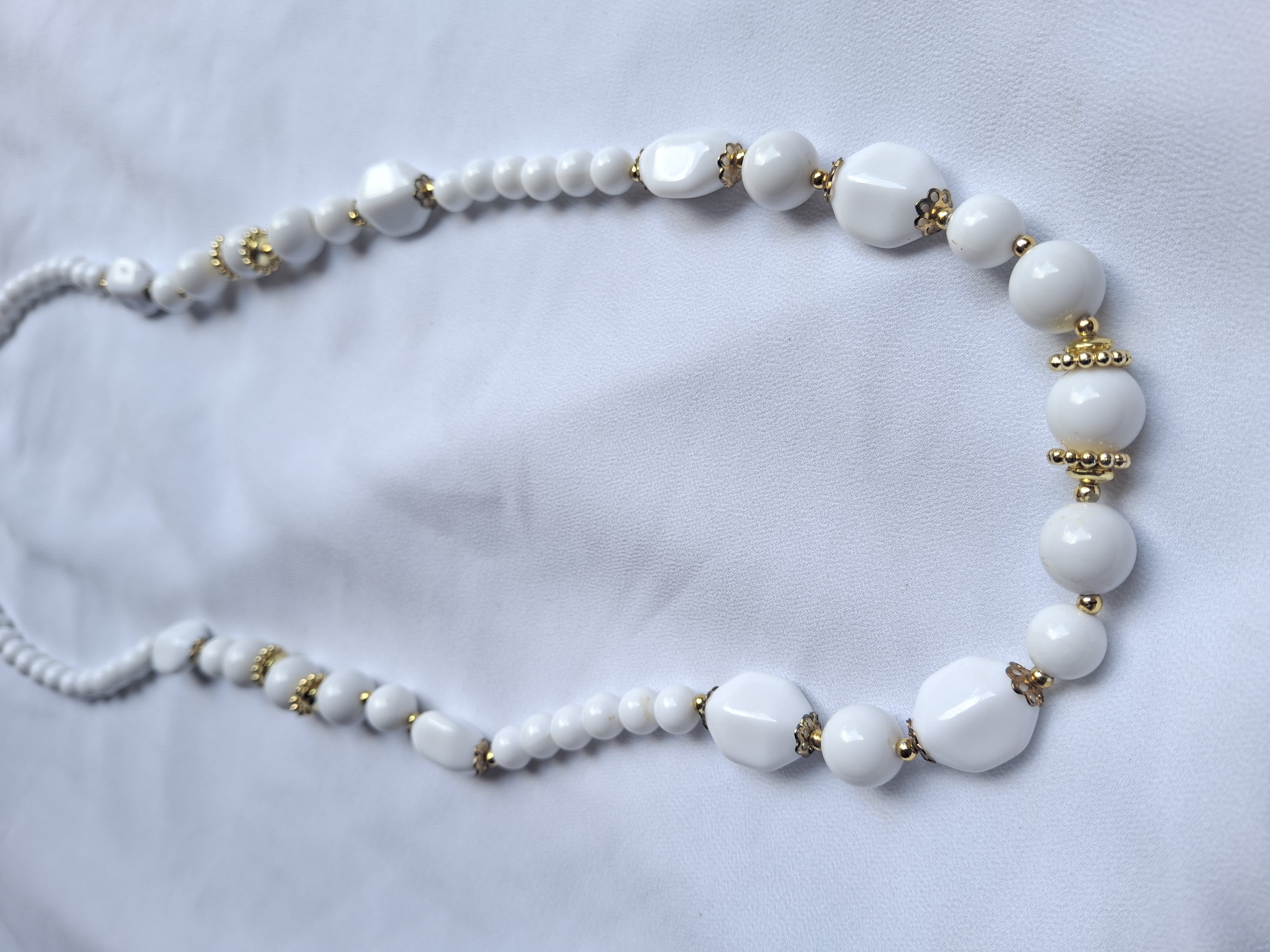 Image 2 for Vintage White Beaded Necklace with Gold Accents