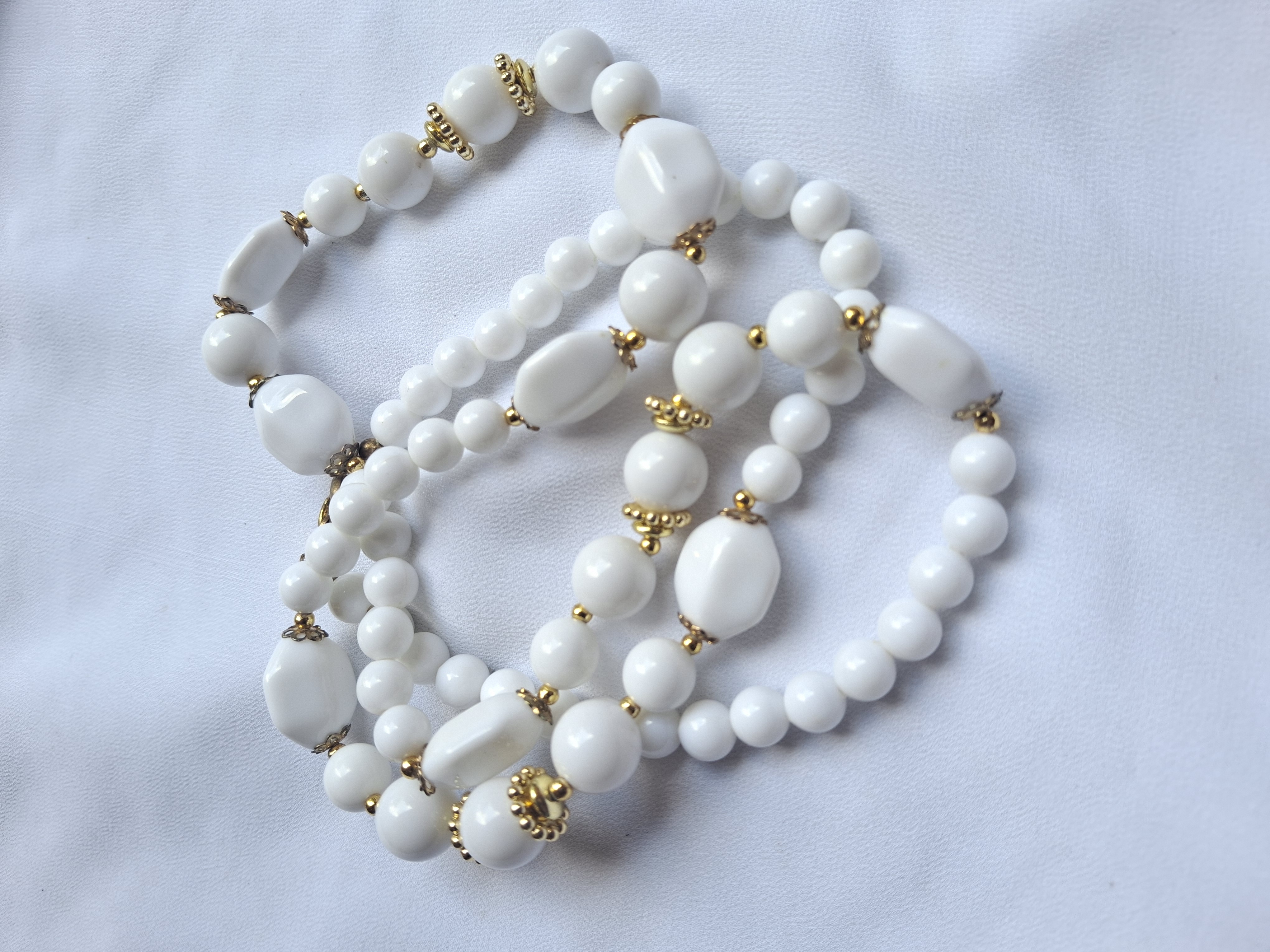 Image 3 for Vintage White Beaded Necklace with Gold Accents