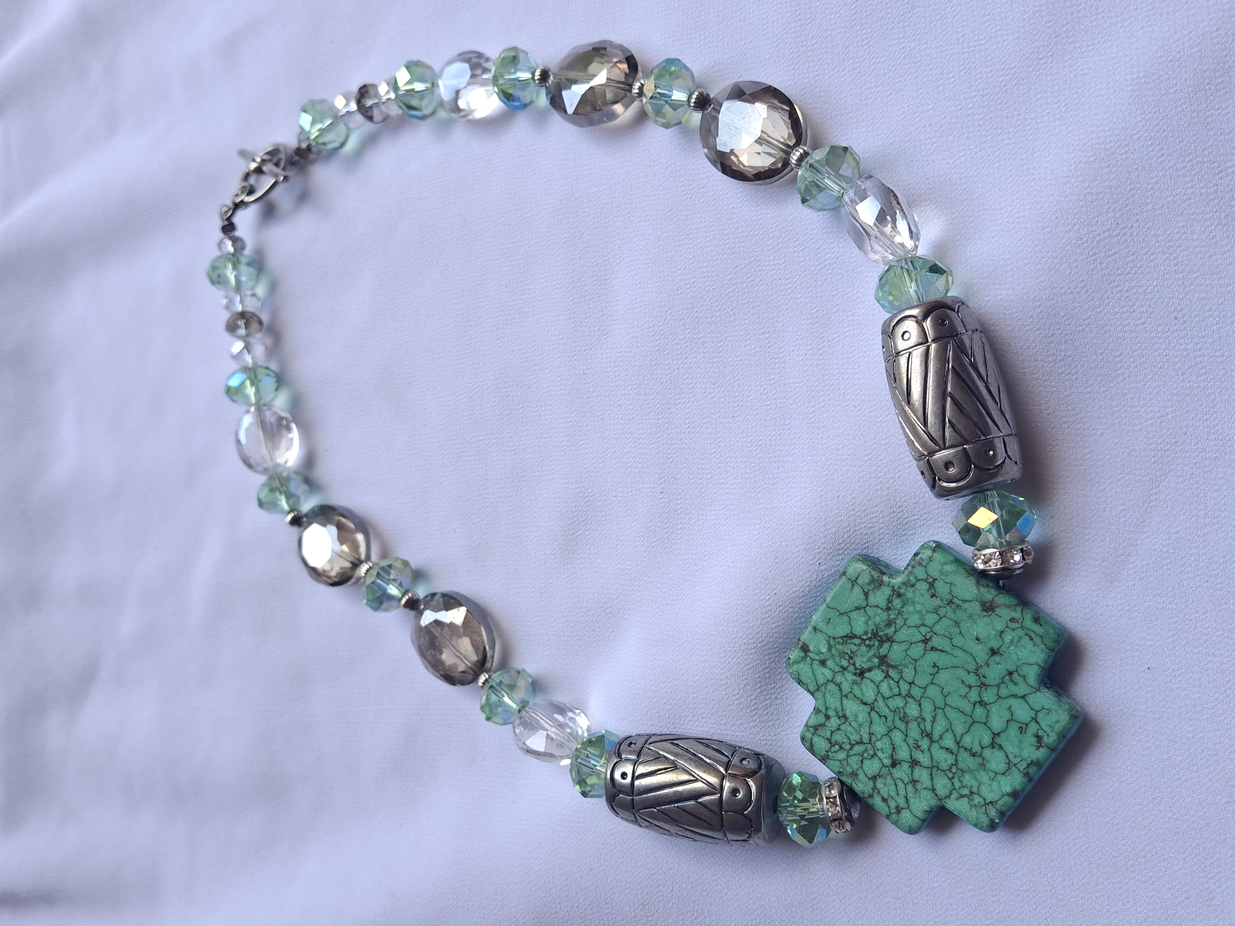 Vintage Handmade Turquoise & Crystal & Glass Beaded Necklace