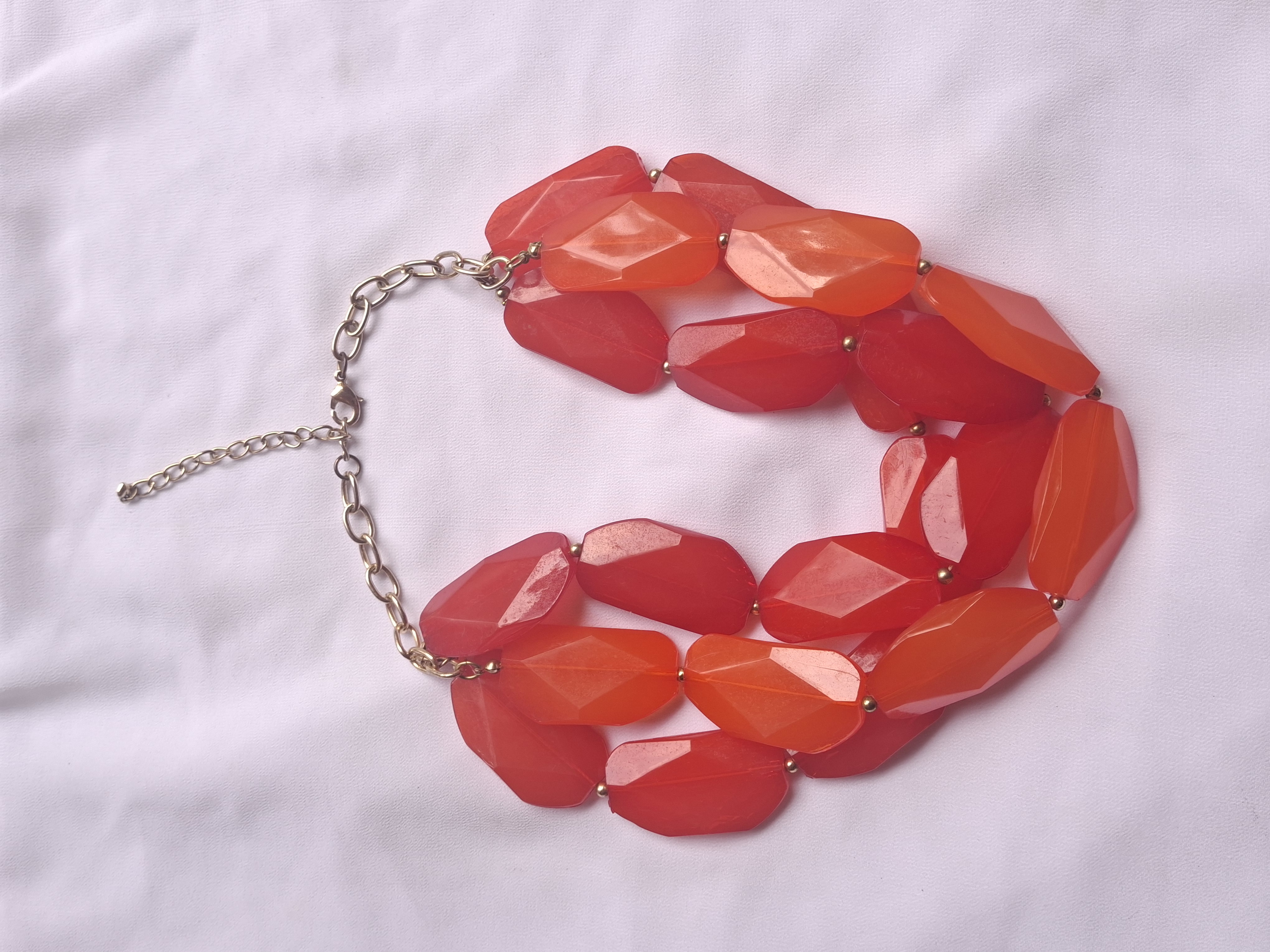 Gold Toned Red & Orange Chunky Beaded Statement Necklace