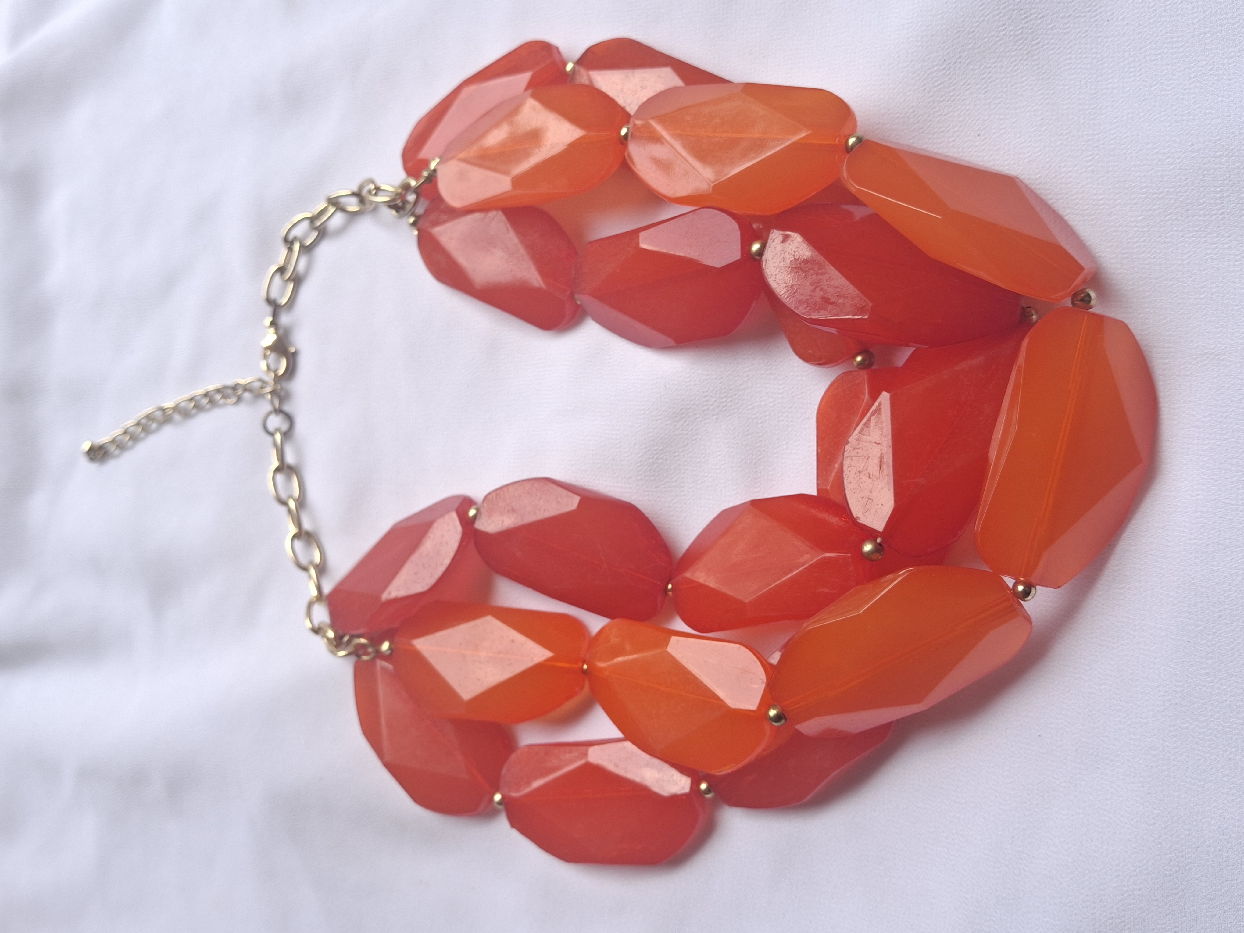 Image 2 for Gold Toned Red & Orange Chunky Beaded Statement Necklace
