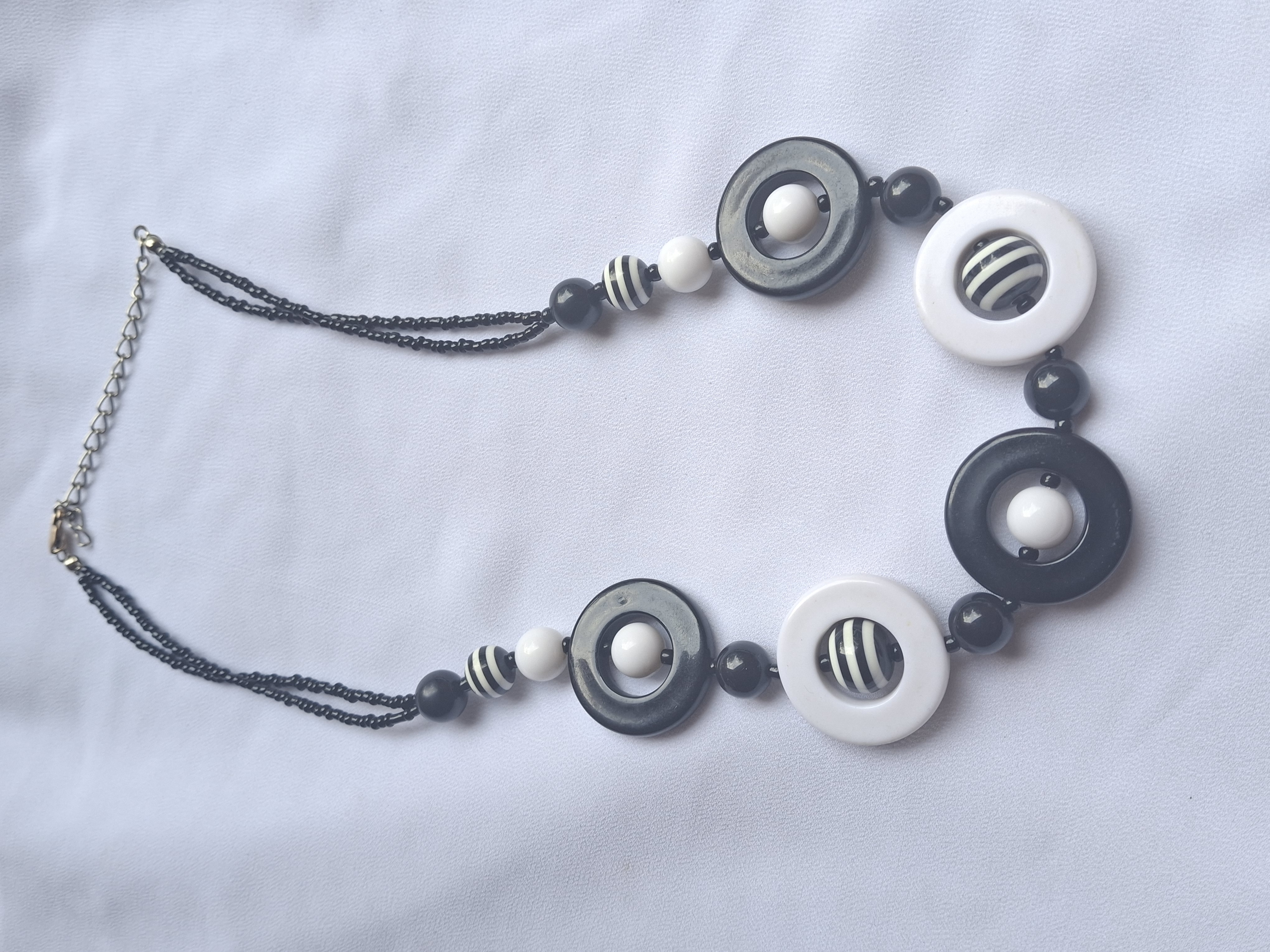 Vintage Black & White Beaded Retro & Whimsical Statement Necklace