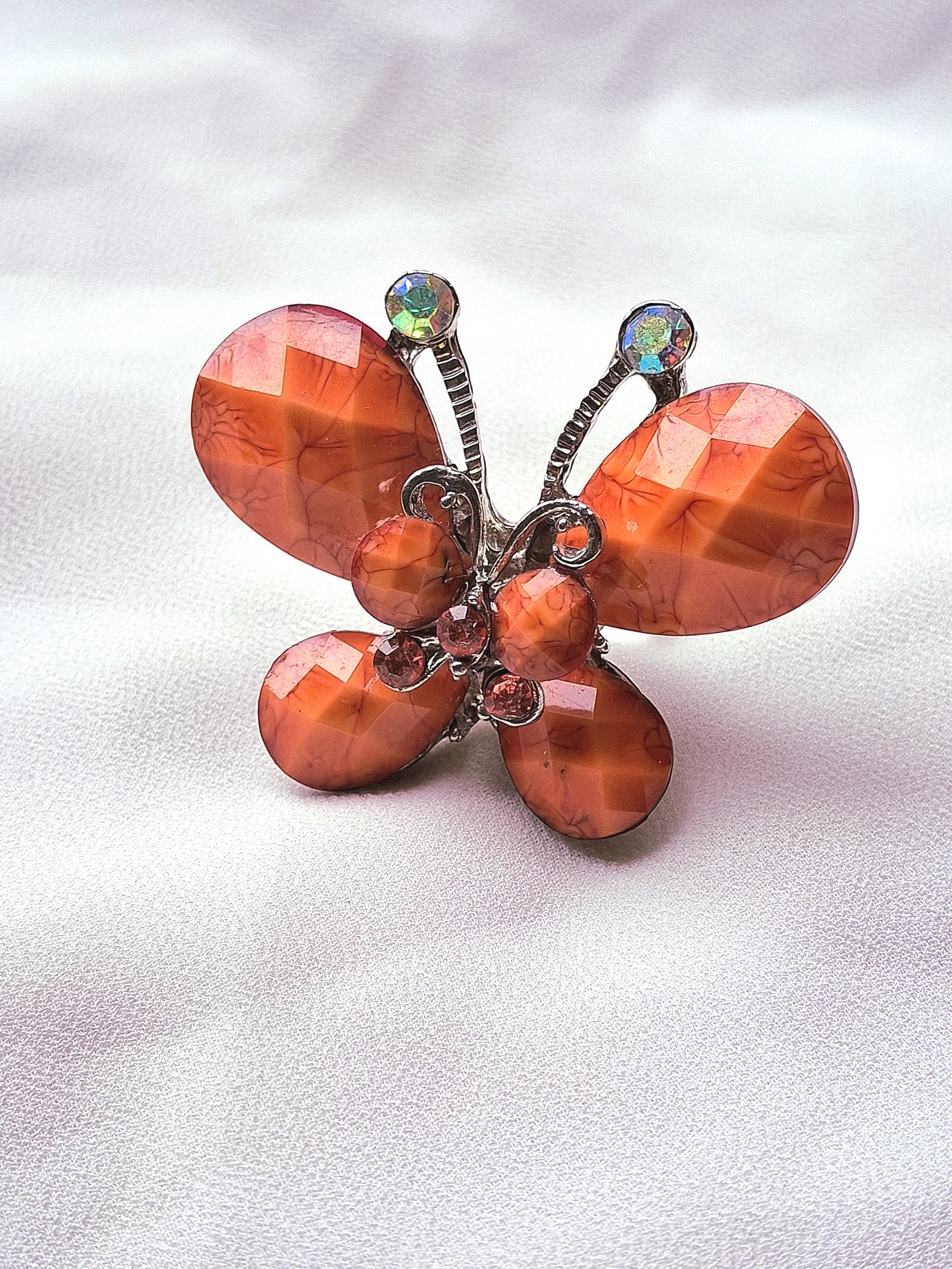 Image 4 for Large Silver Toned Orange Butterfly Statement Cocktail Ring Jewelry