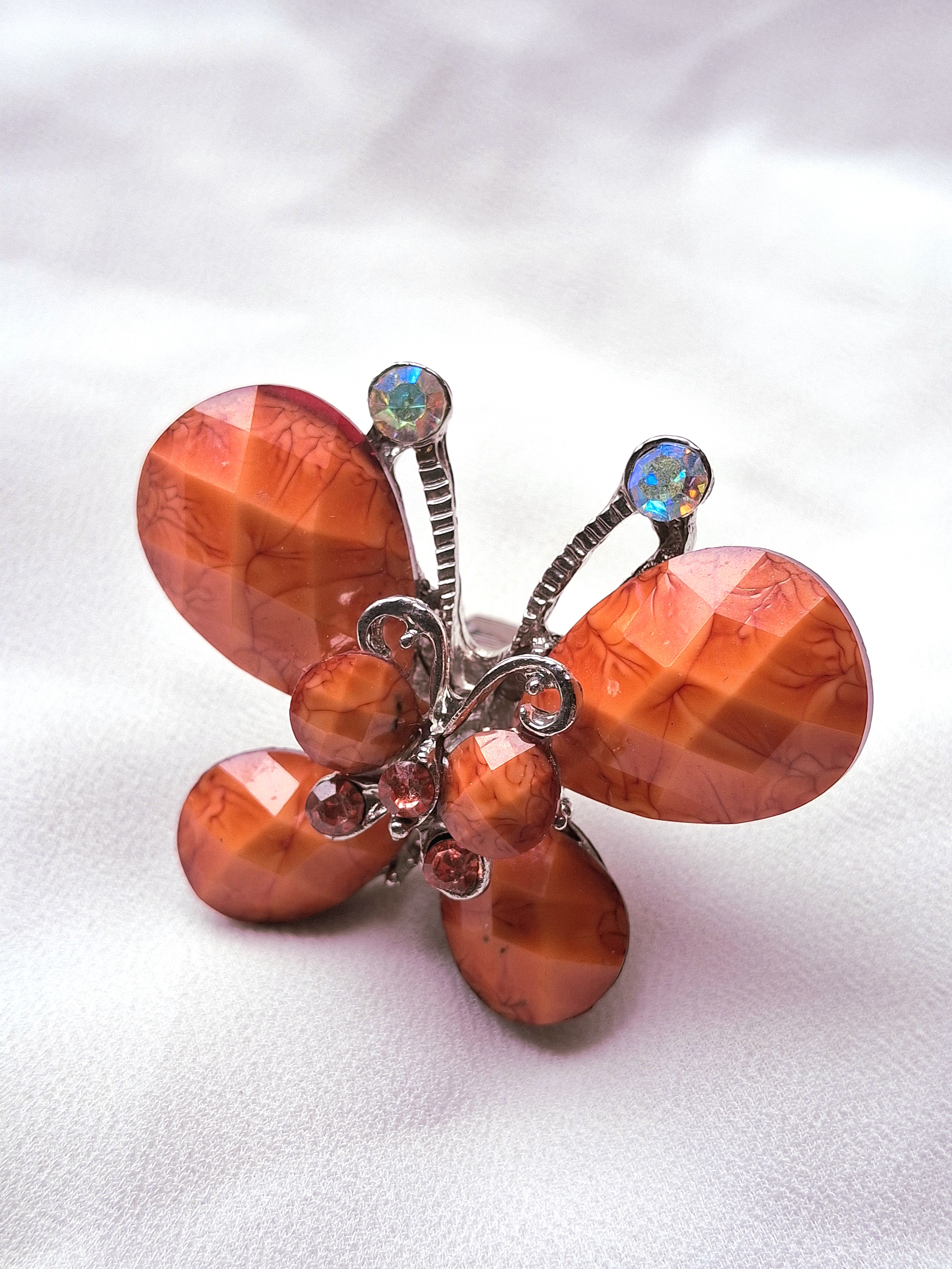 Image 2 for Large Silver Toned Orange Butterfly Statement Cocktail Ring Jewelry