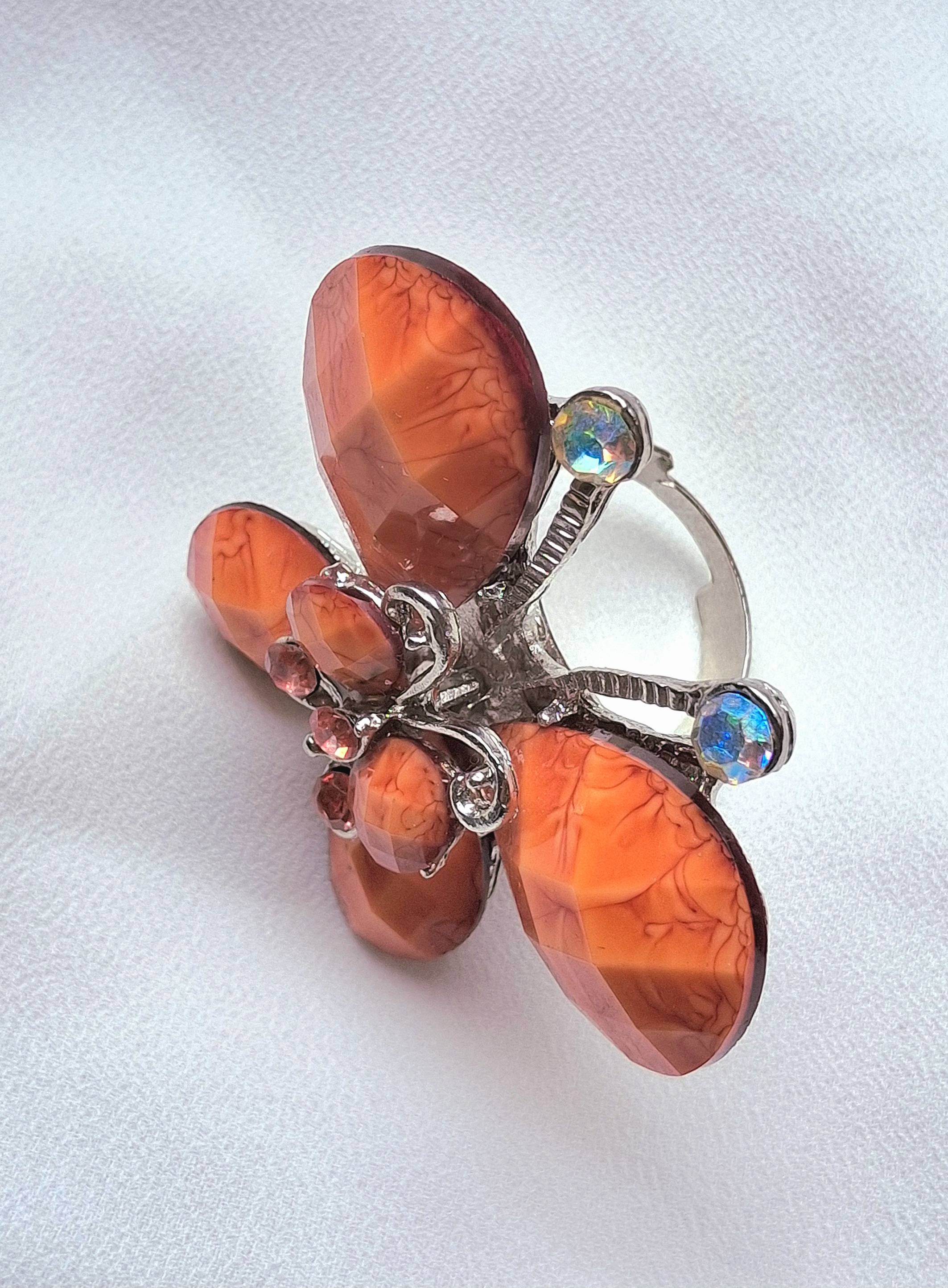Image 3 for Large Silver Toned Orange Butterfly Statement Cocktail Ring Jewelry