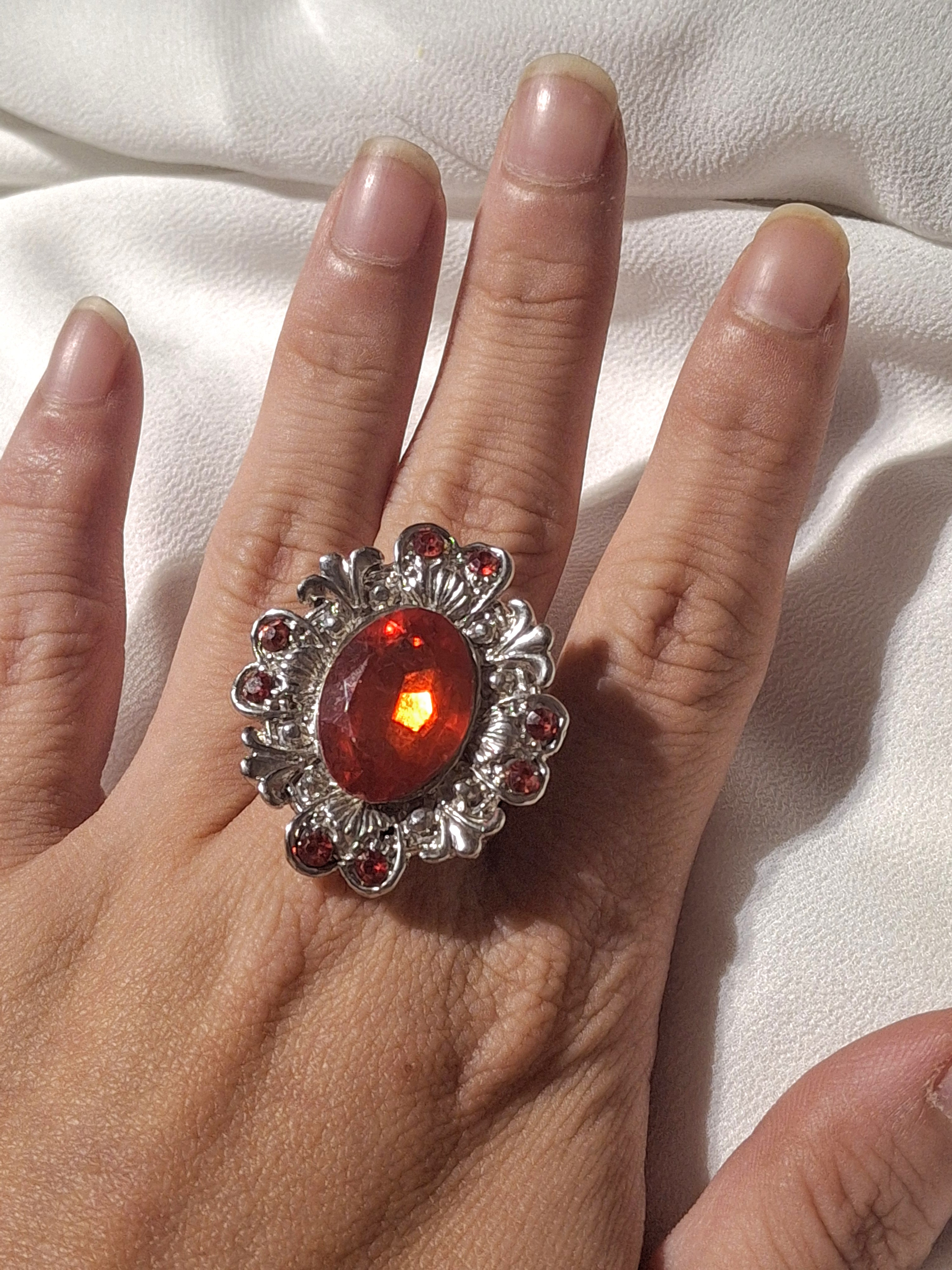 Stunning Silver Toned Red Gemstone Statement Ring - Adjustable Cocktail Ring