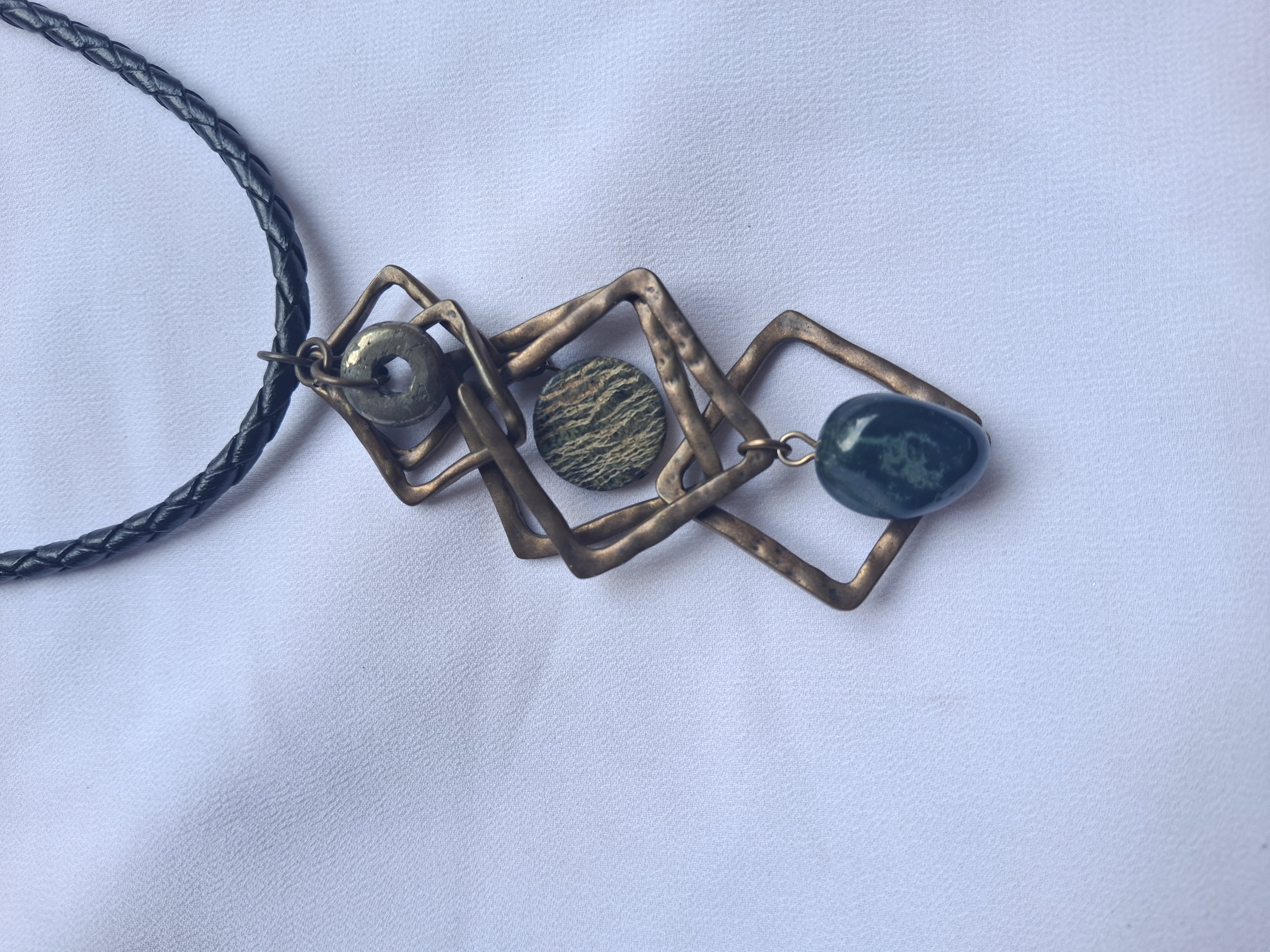 Image 3 for Vintage Geometric Bronze Toned & Stone Pendant Leather Statement Necklace