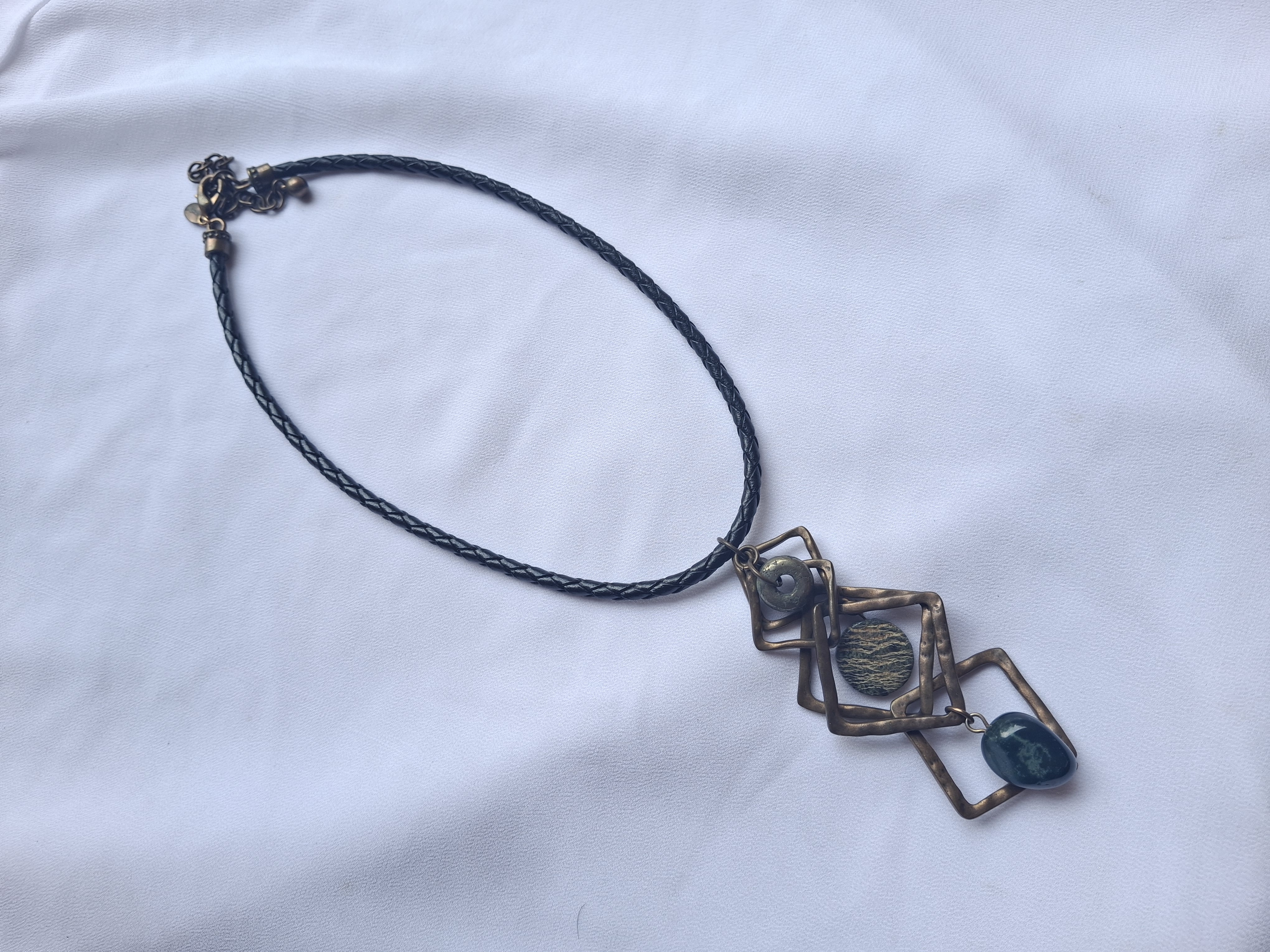 Image 2 for Vintage Geometric Bronze Toned & Stone Pendant Leather Statement Necklace