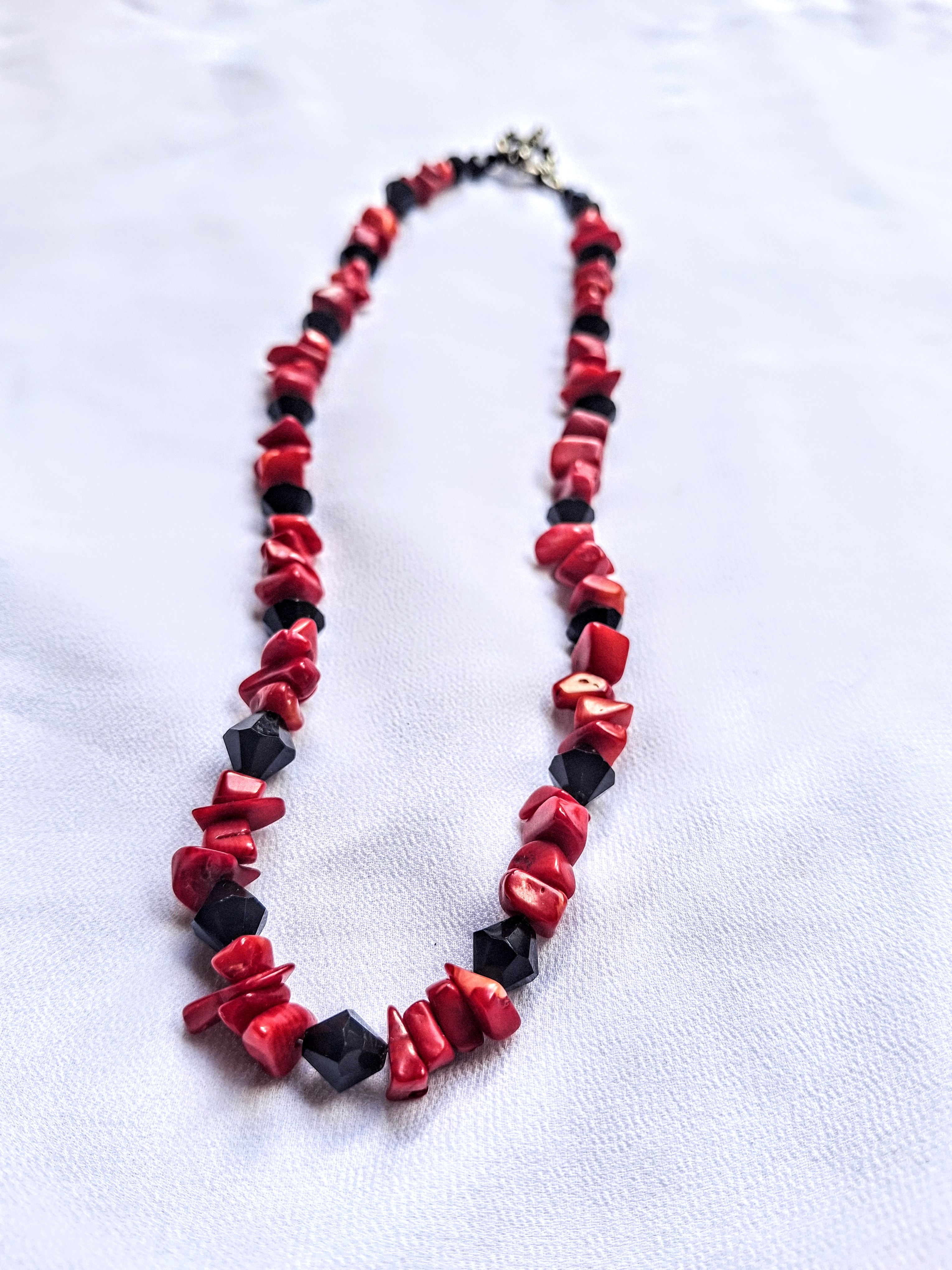 Vintage Red Coral & Black Onyx Beaded Necklace
