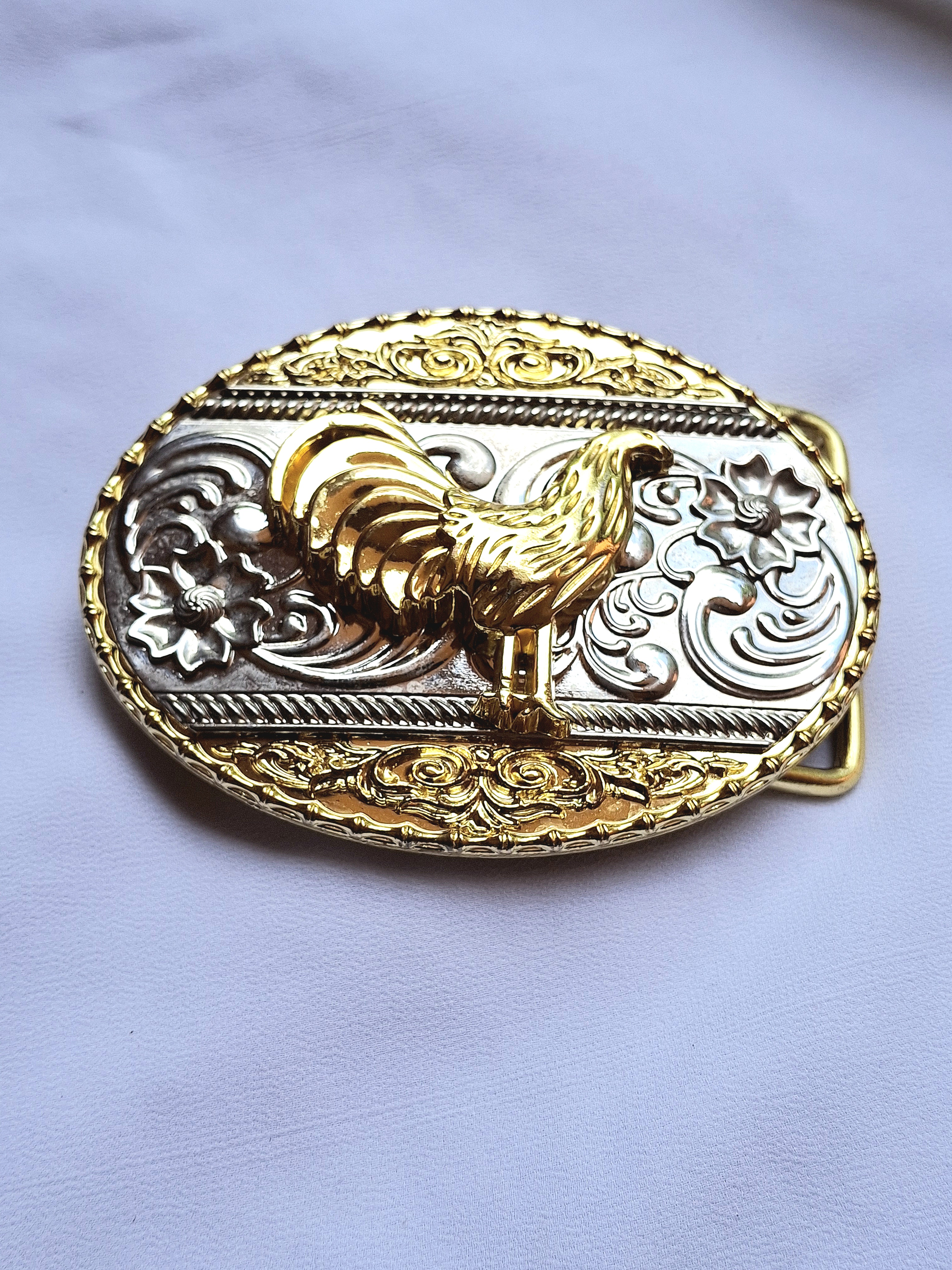 Rooster Belt Buckle - Gold & Silver Tone - Western Style