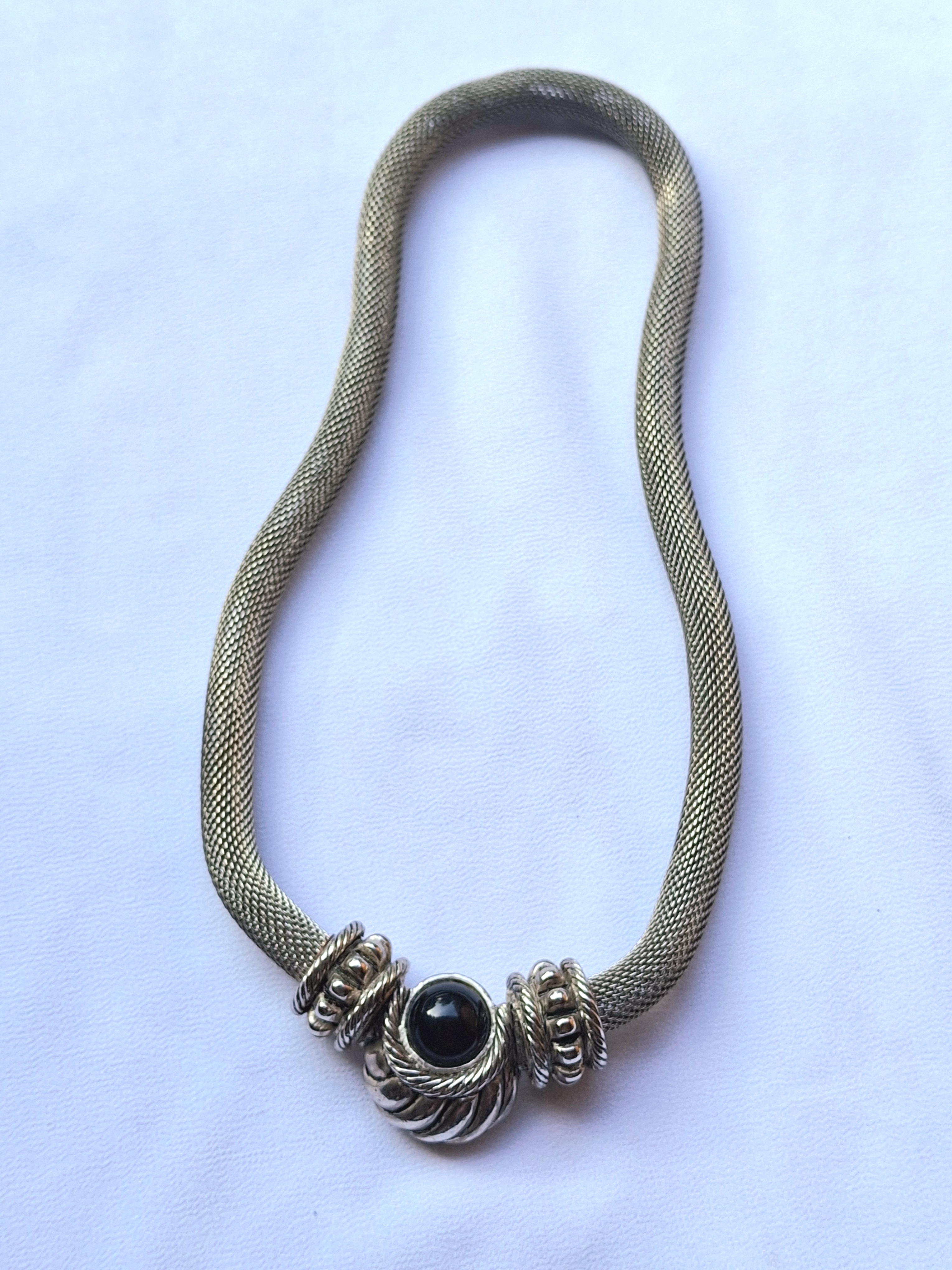Vintage Silver Mesh Necklace with Black Onyx Accent